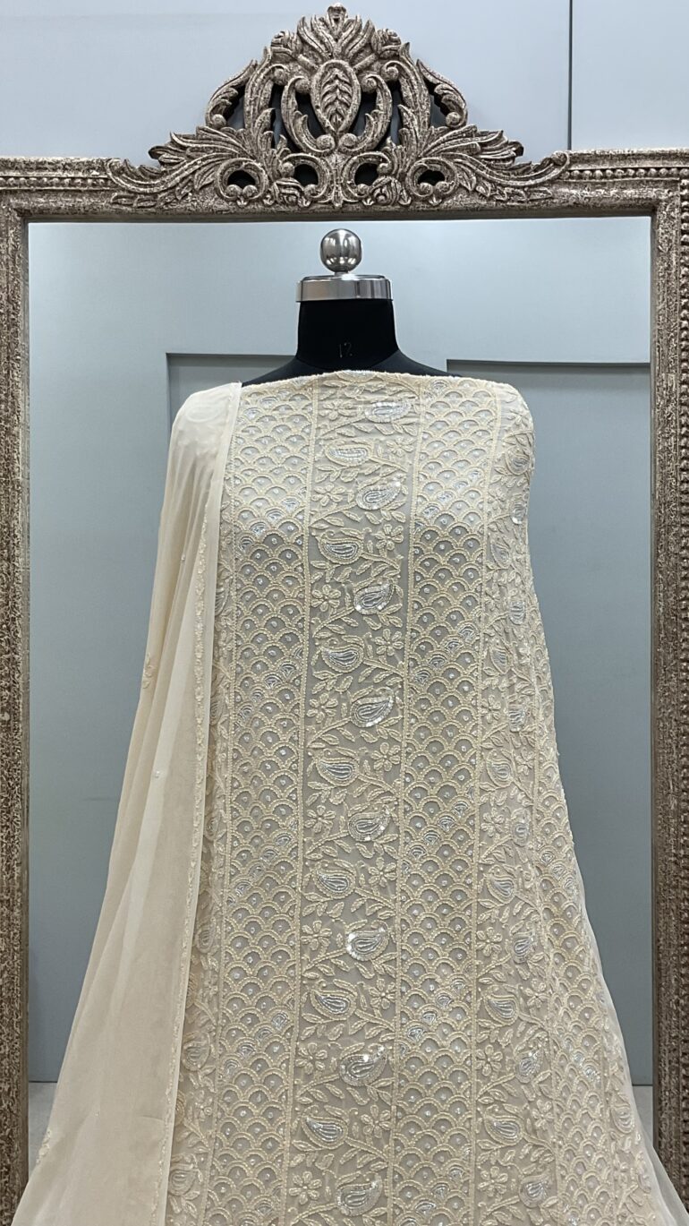 Multicolored Cutdana and Sequence Straight Powder Beige