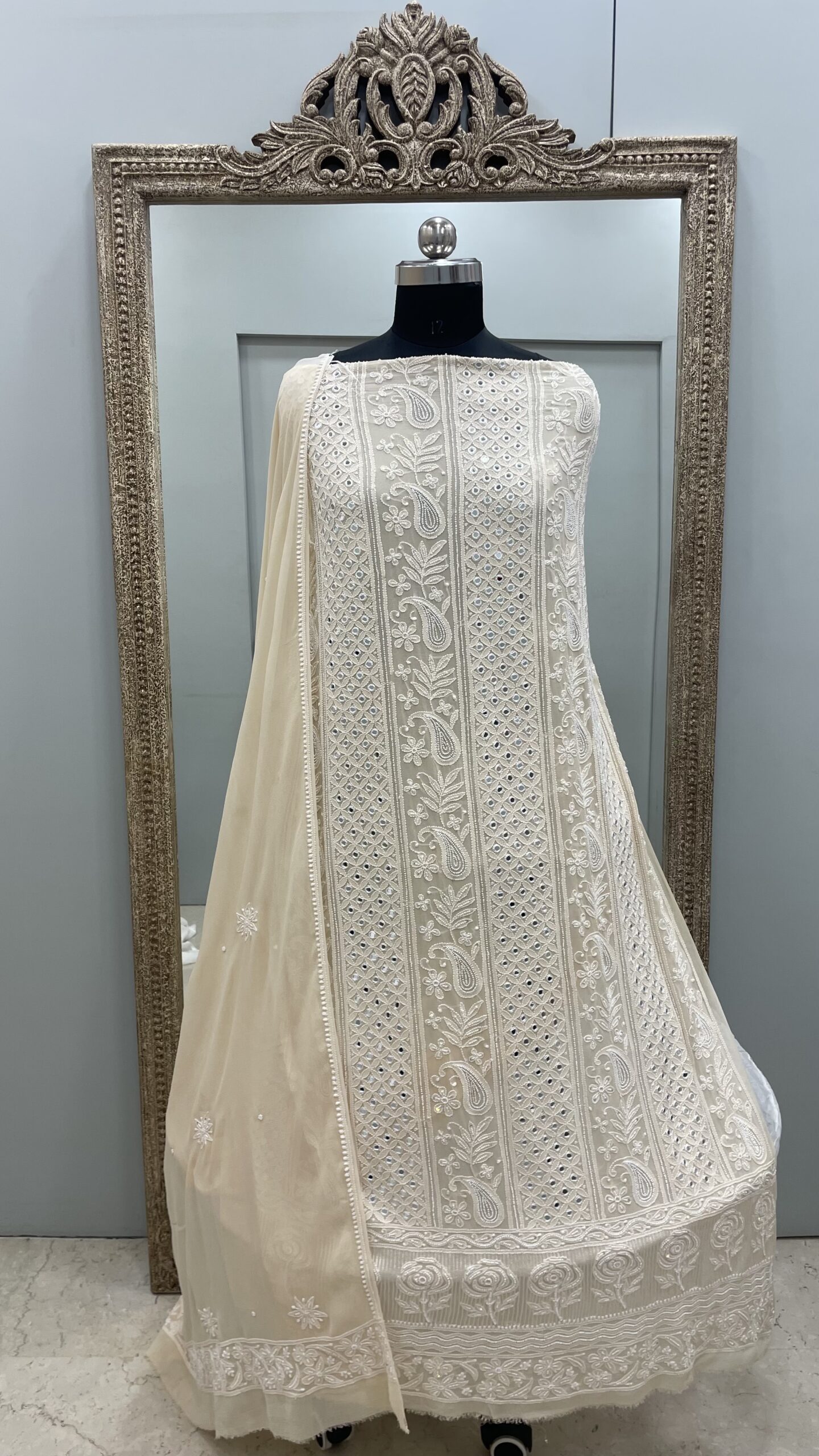 Pure Georgette Heavy Pearl And Mirror Work Beige
