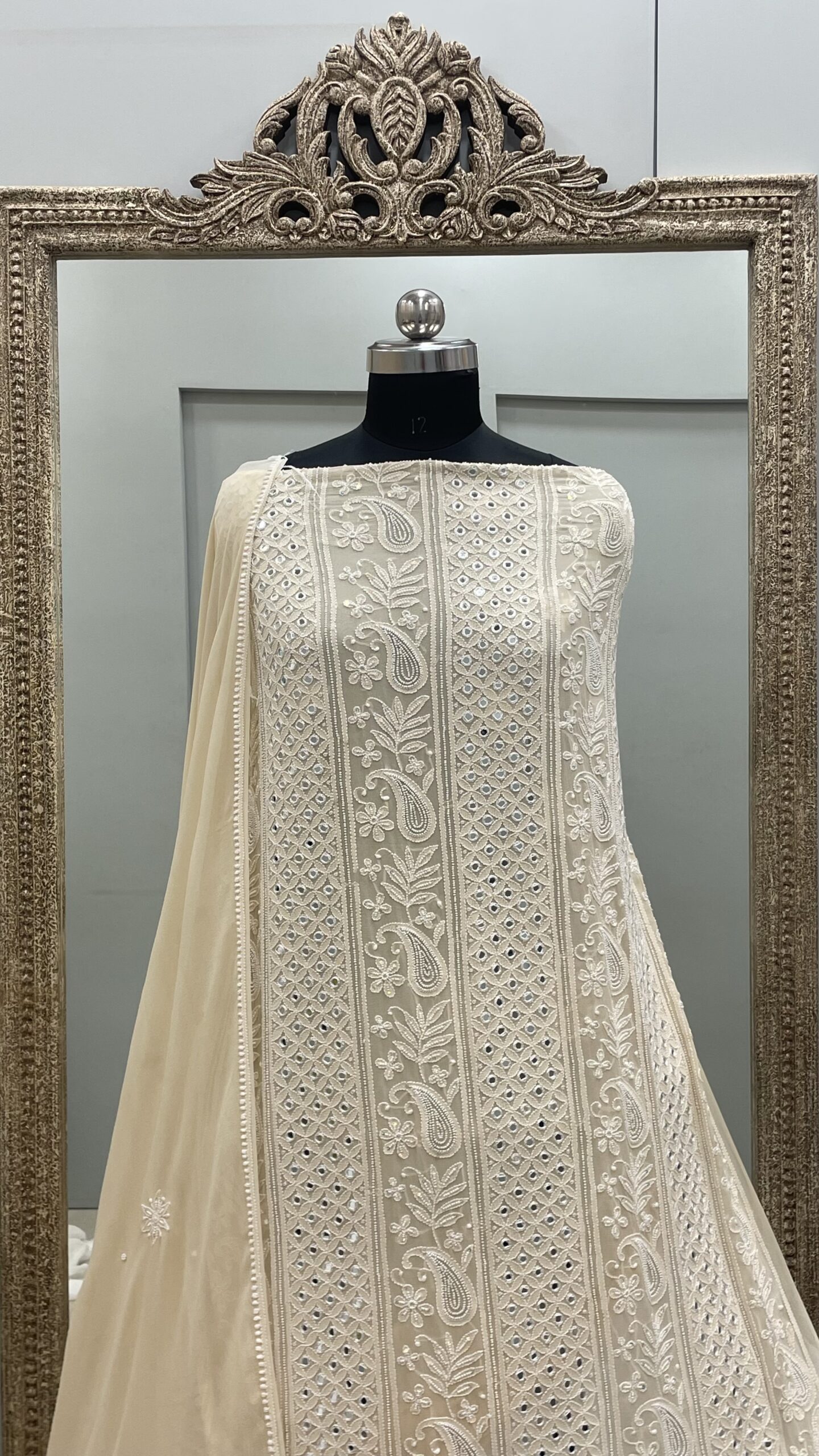Pure Georgette Heavy Pearl And Mirror Work Beige