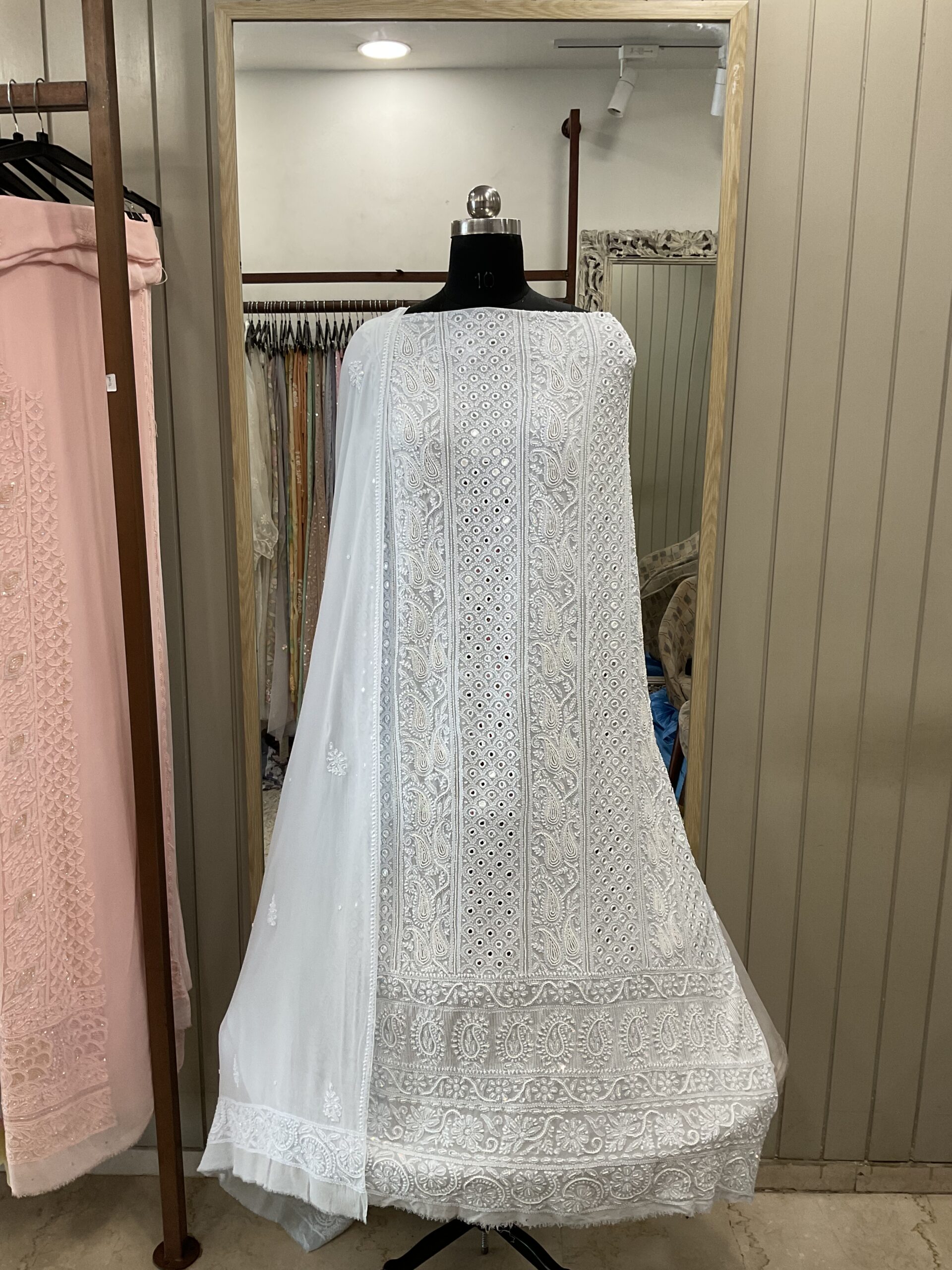 Pure Georgette Heavy Pearl And Mirror Work Sky Blue