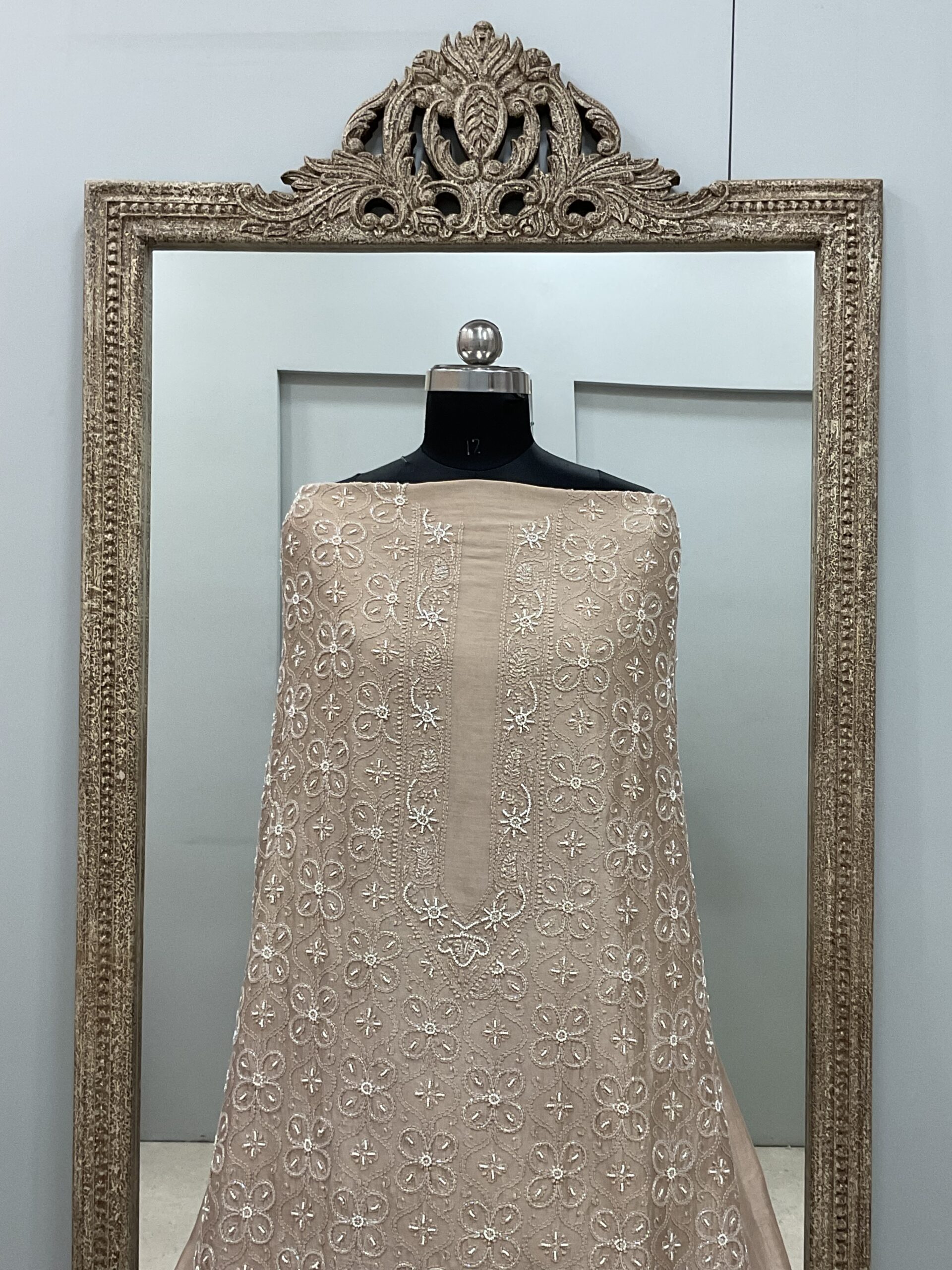 Gents Kurta Pure Chanderi Front Jaal Heavy Cutdana and Pearl Beige