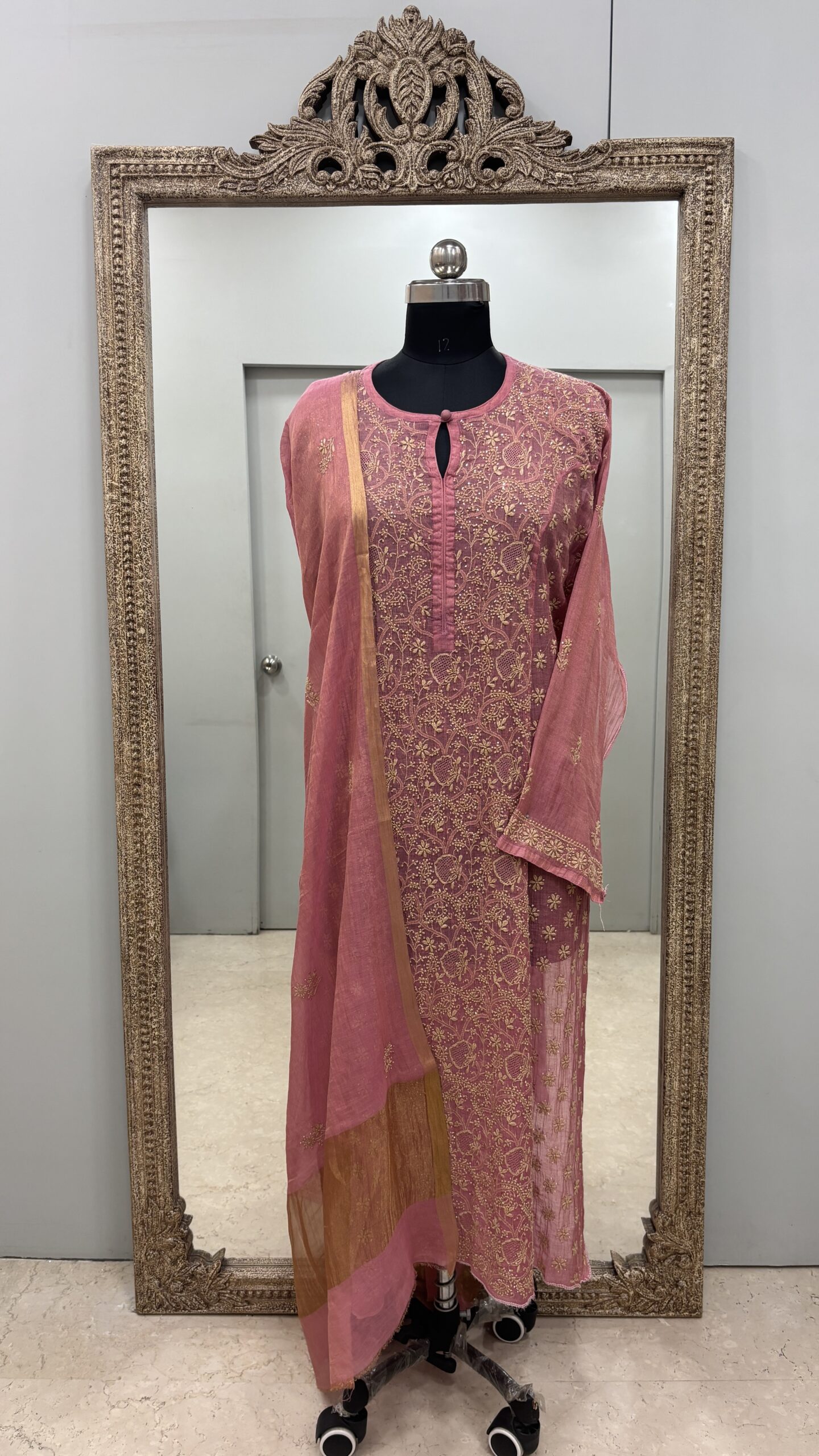 Tissue Semistihed Straight Chikan Jali Work Shirt And Dupatta Rust