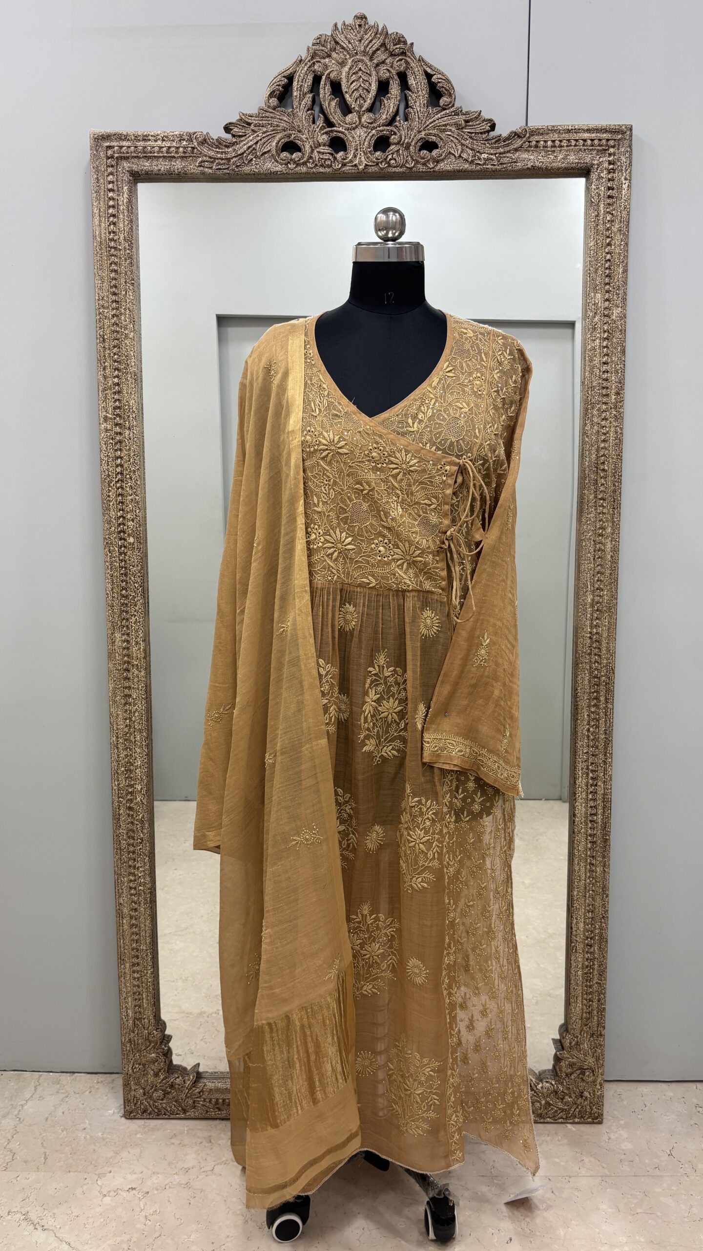 Angrakha Tissue Semistihed Straight Mukaish And Chikan Work Mustard Yellow