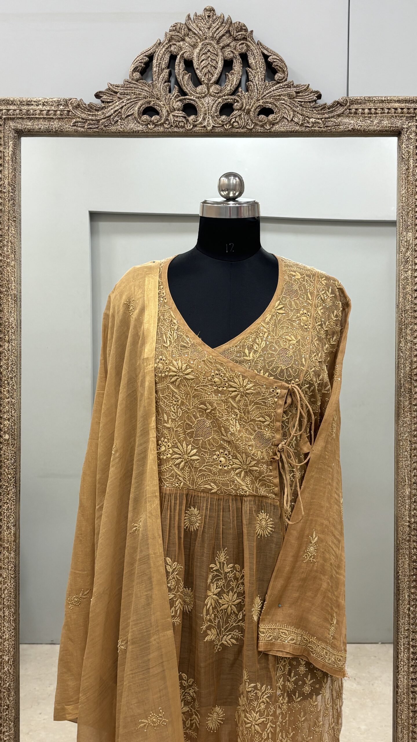 Angrakha Tissue Semistihed Straight Mukaish And Chikan Work Mustard Yellow