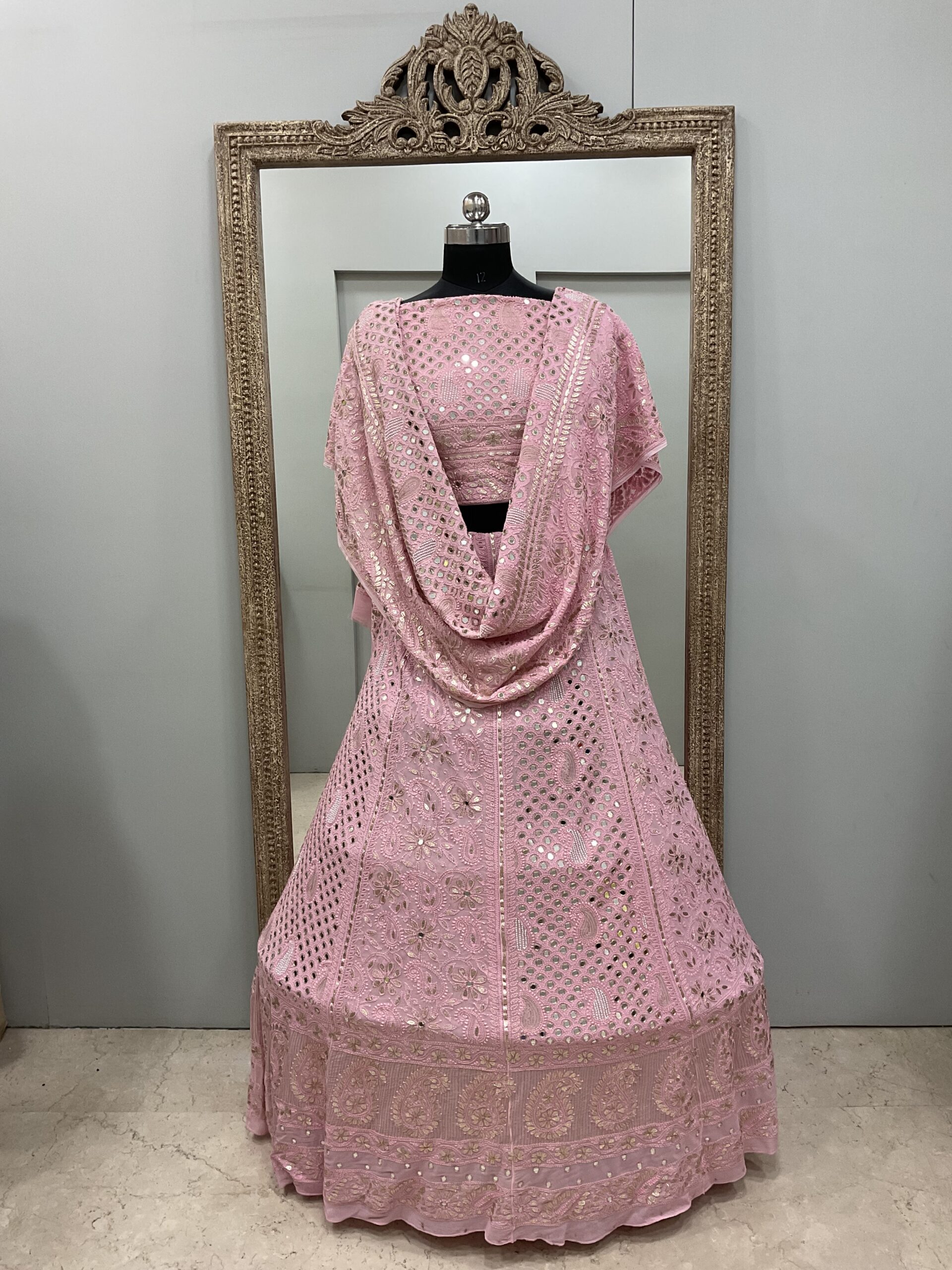 Pure Georgette Gota And Real Mirror,Pearl Lehenga Pink