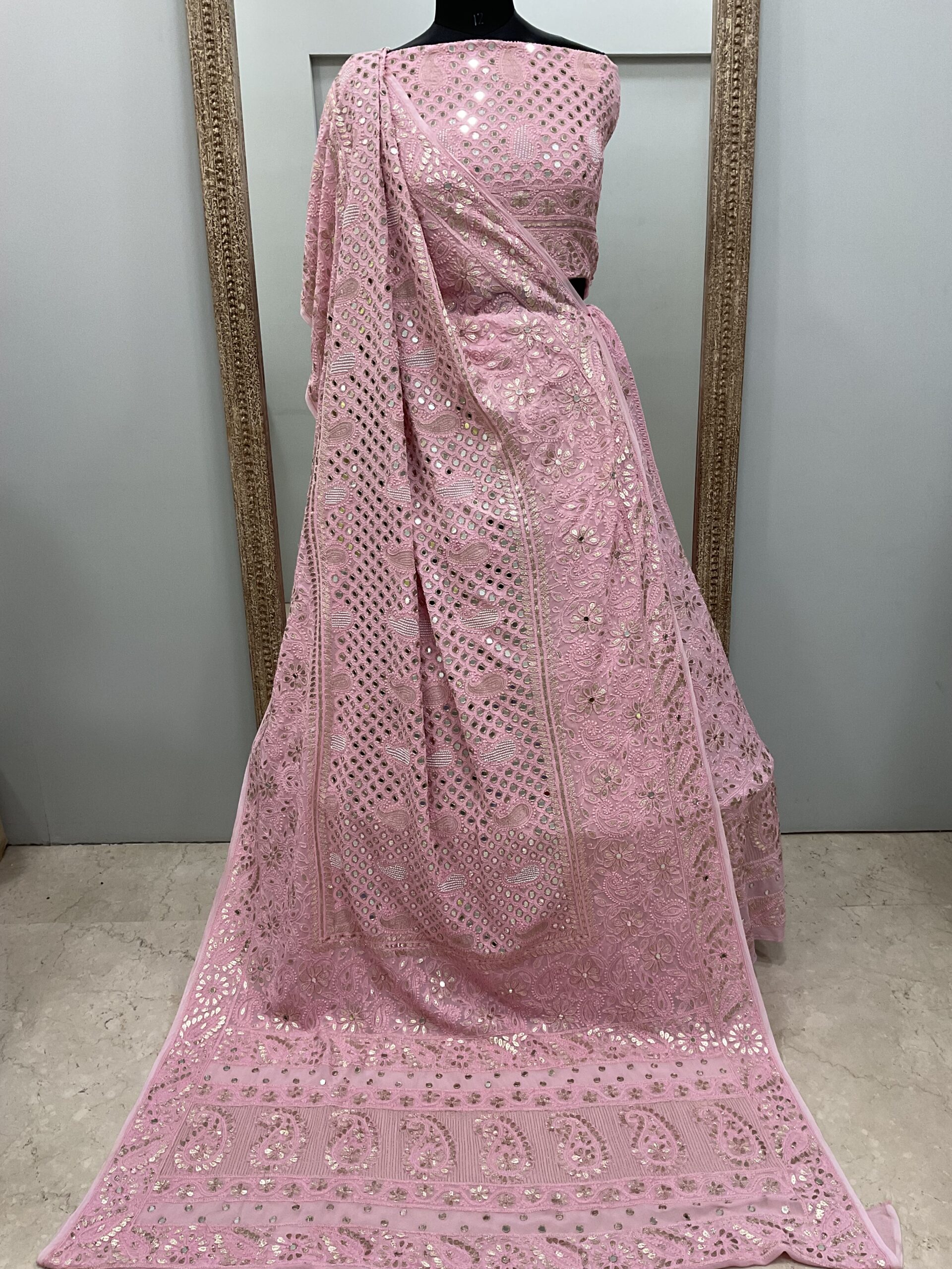 Pure Georgette Gota And Real Mirror,Pearl Lehenga Pink