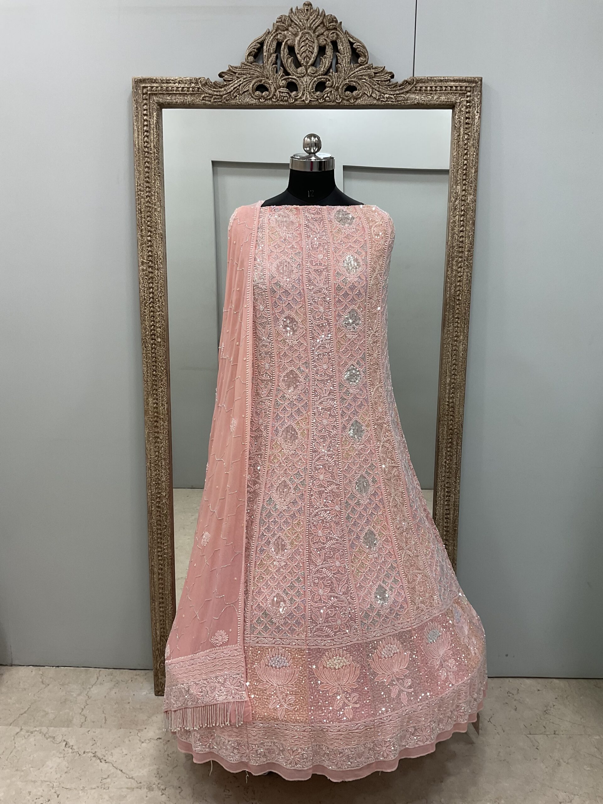 Pure Georgette Anarkali Heavy Pearl, Multi Coloured Cutdana and Sequence Peach