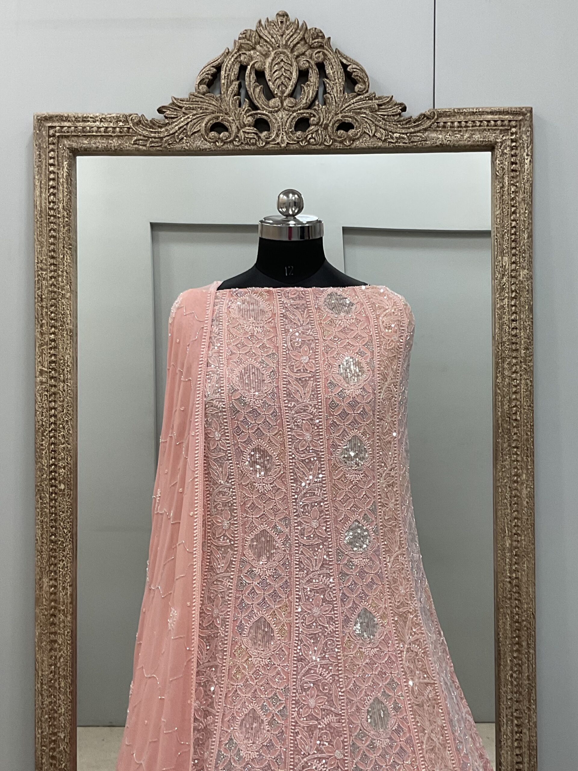 Pure Georgette Anarkali Heavy Pearl, Multi Coloured Cutdana and Sequence Peach