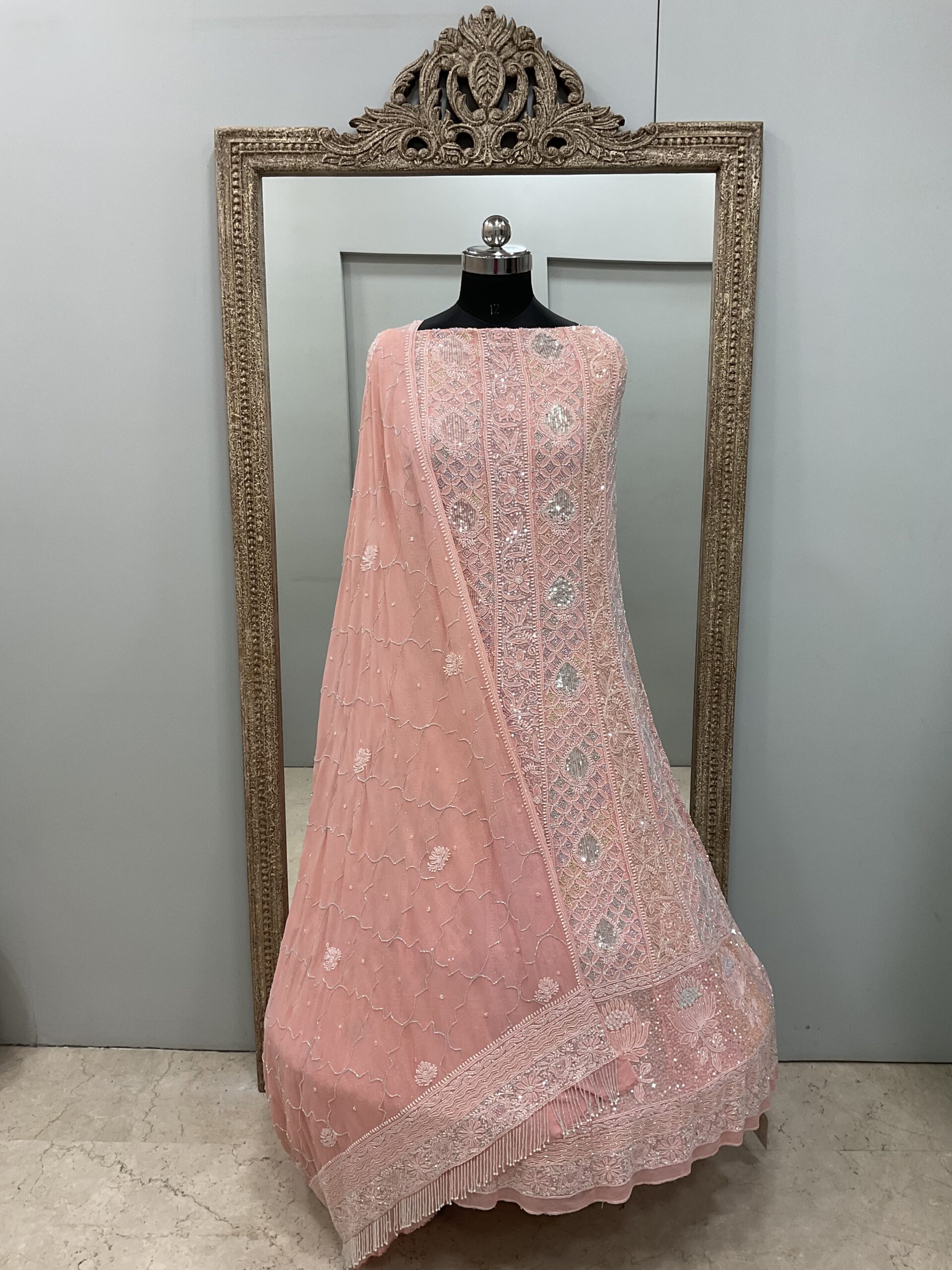 Pure Georgette Anarkali Heavy Pearl, Multi Coloured Cutdana and Sequence Peach