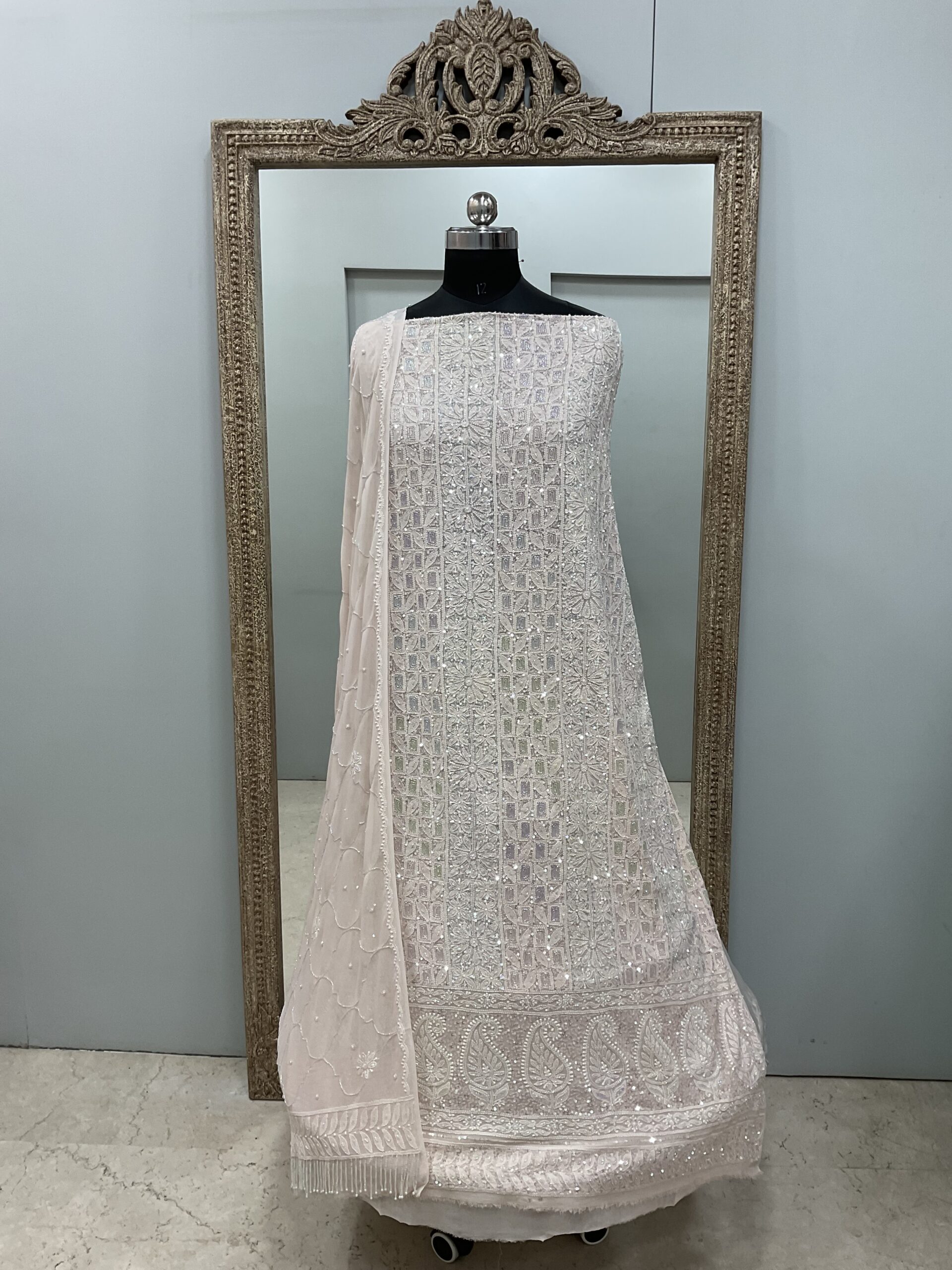 Pure Georgette Heavy Pearl Cutdana and Sequence Designer Peach