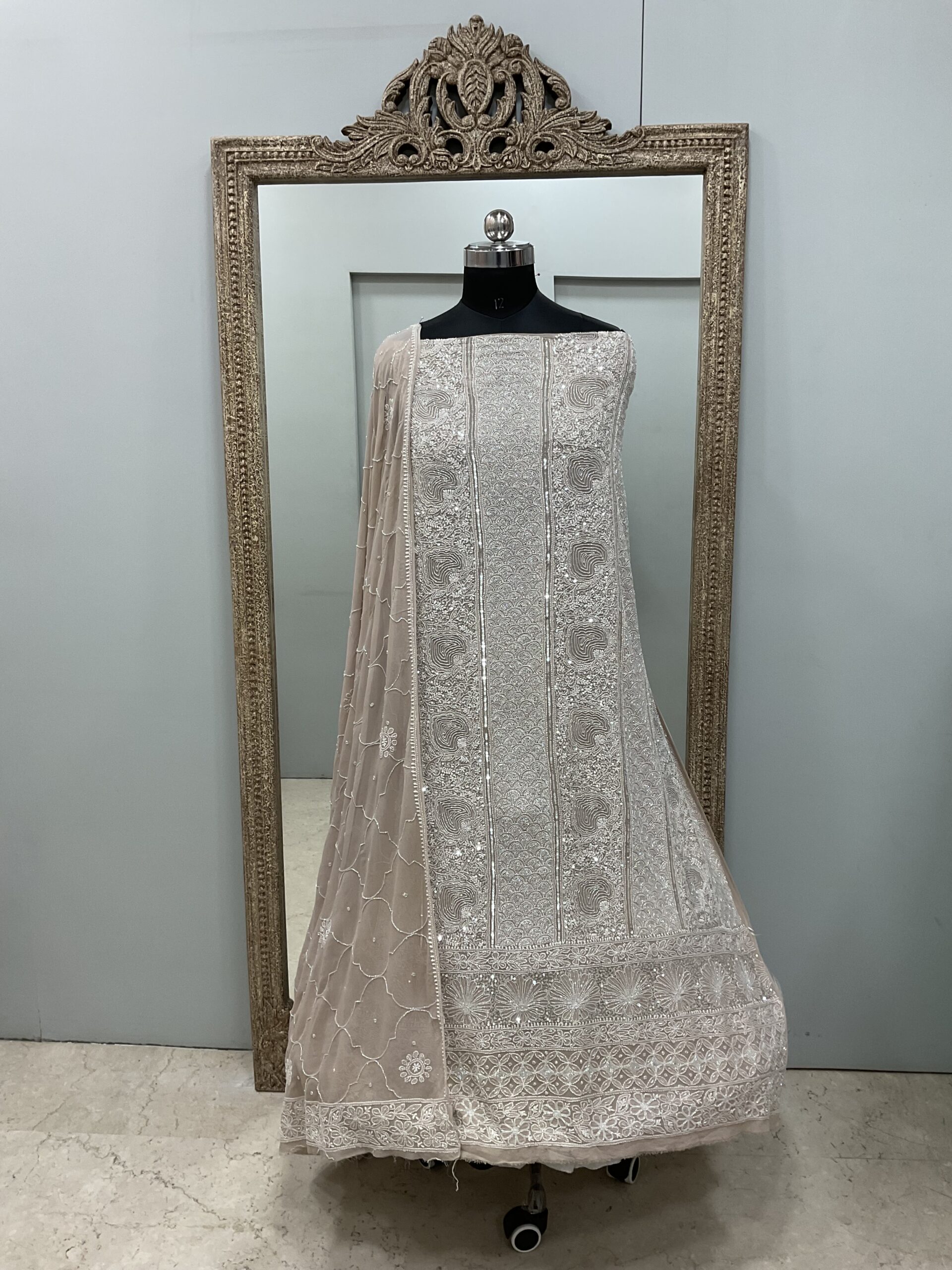 Pure Georgette Heavy Pearl Cutdana and Sequence Designer Goloden Beige
