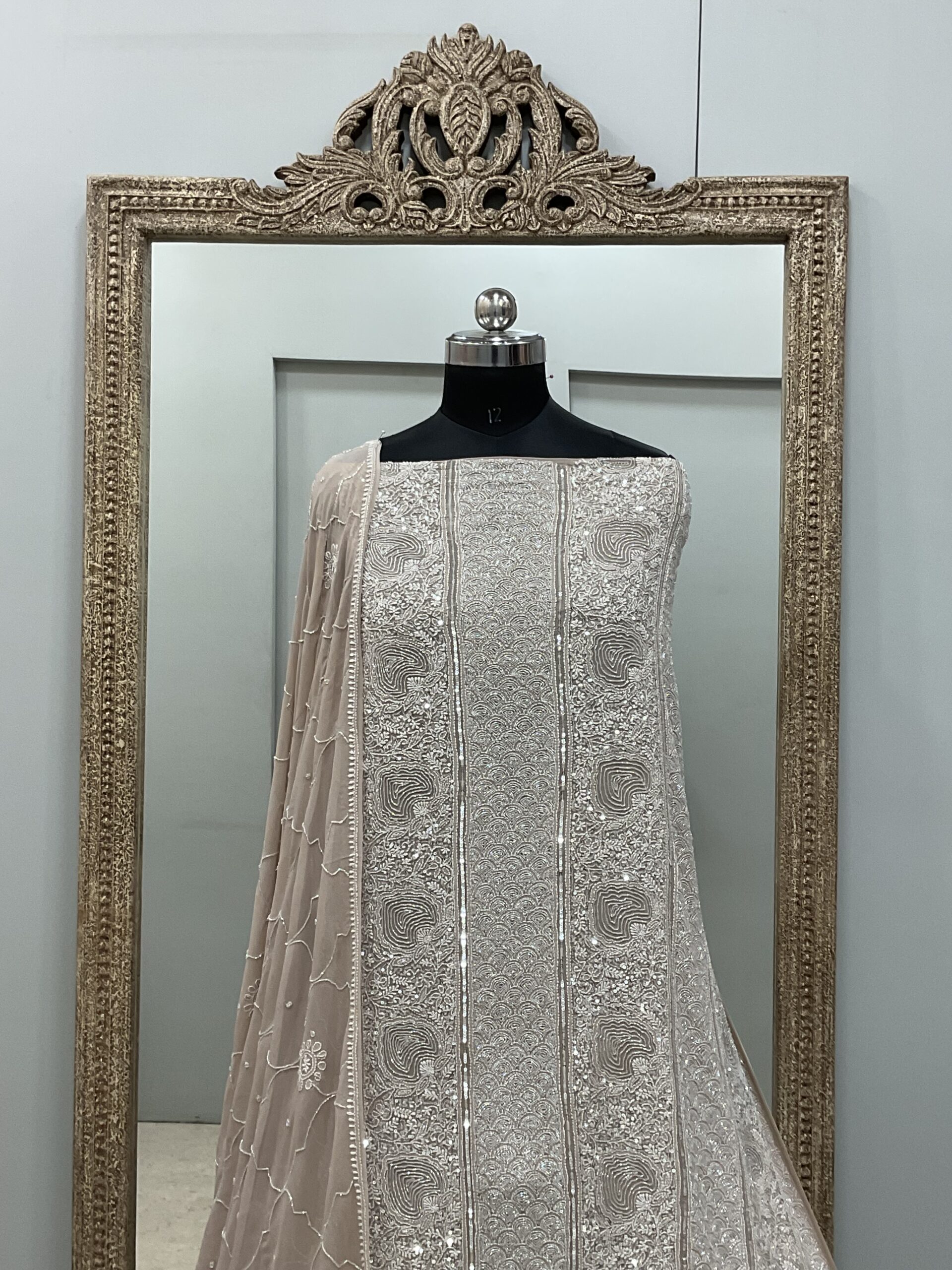 Pure Georgette Heavy Pearl Cutdana and Sequence Designer Goloden Beige