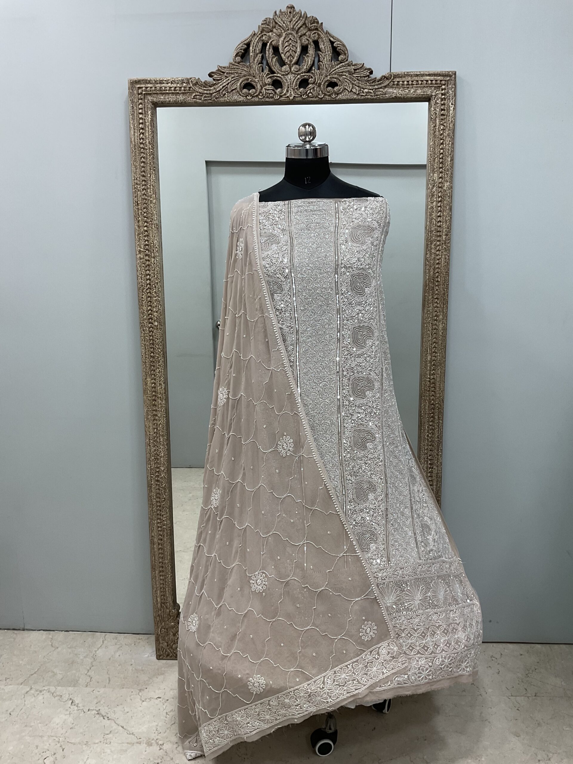 Pure Georgette Heavy Pearl Cutdana and Sequence Designer Goloden Beige