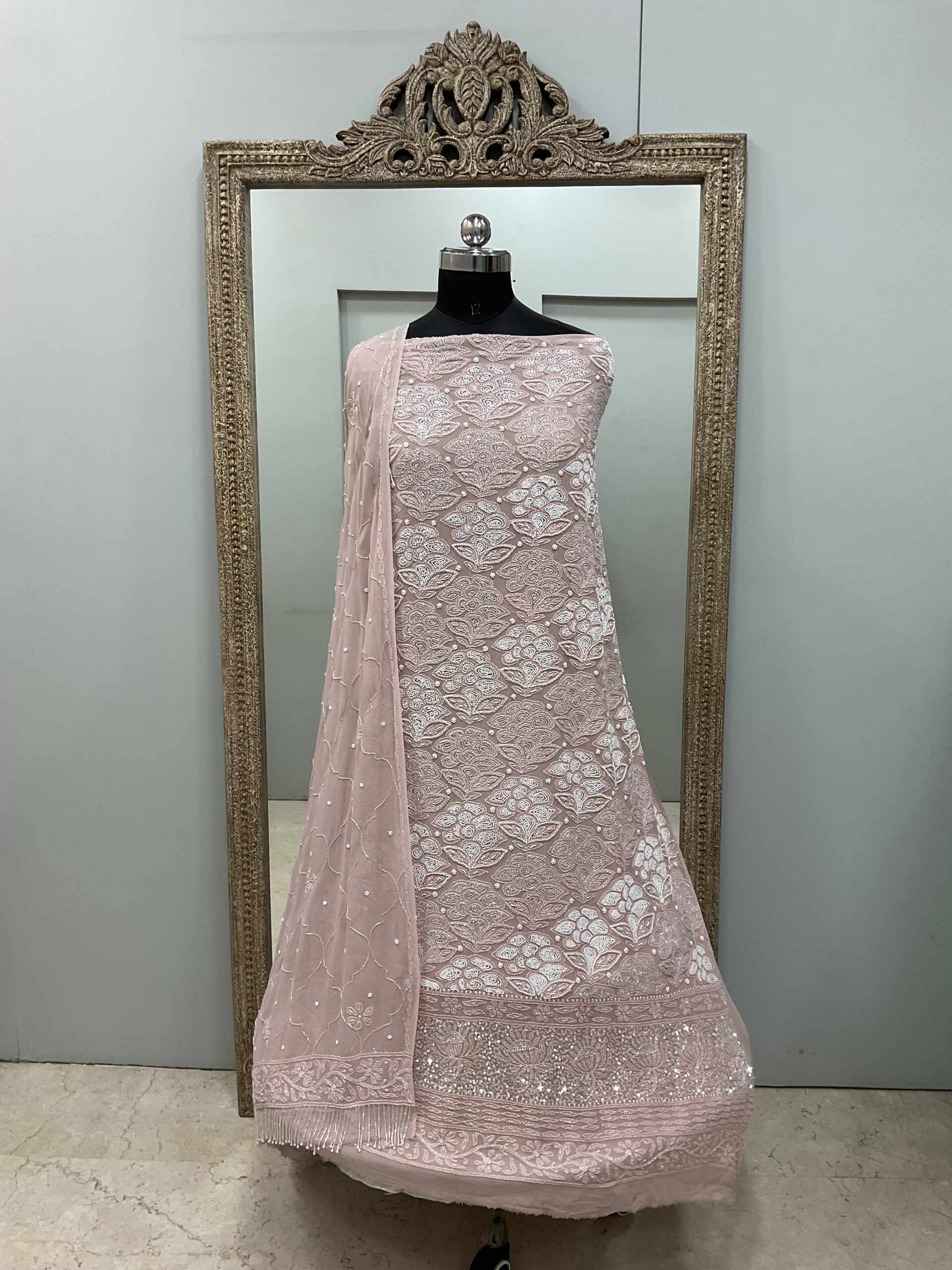 Pure Georgette Heavy Pearl Cutdana and Sequence Designer Onion Pink