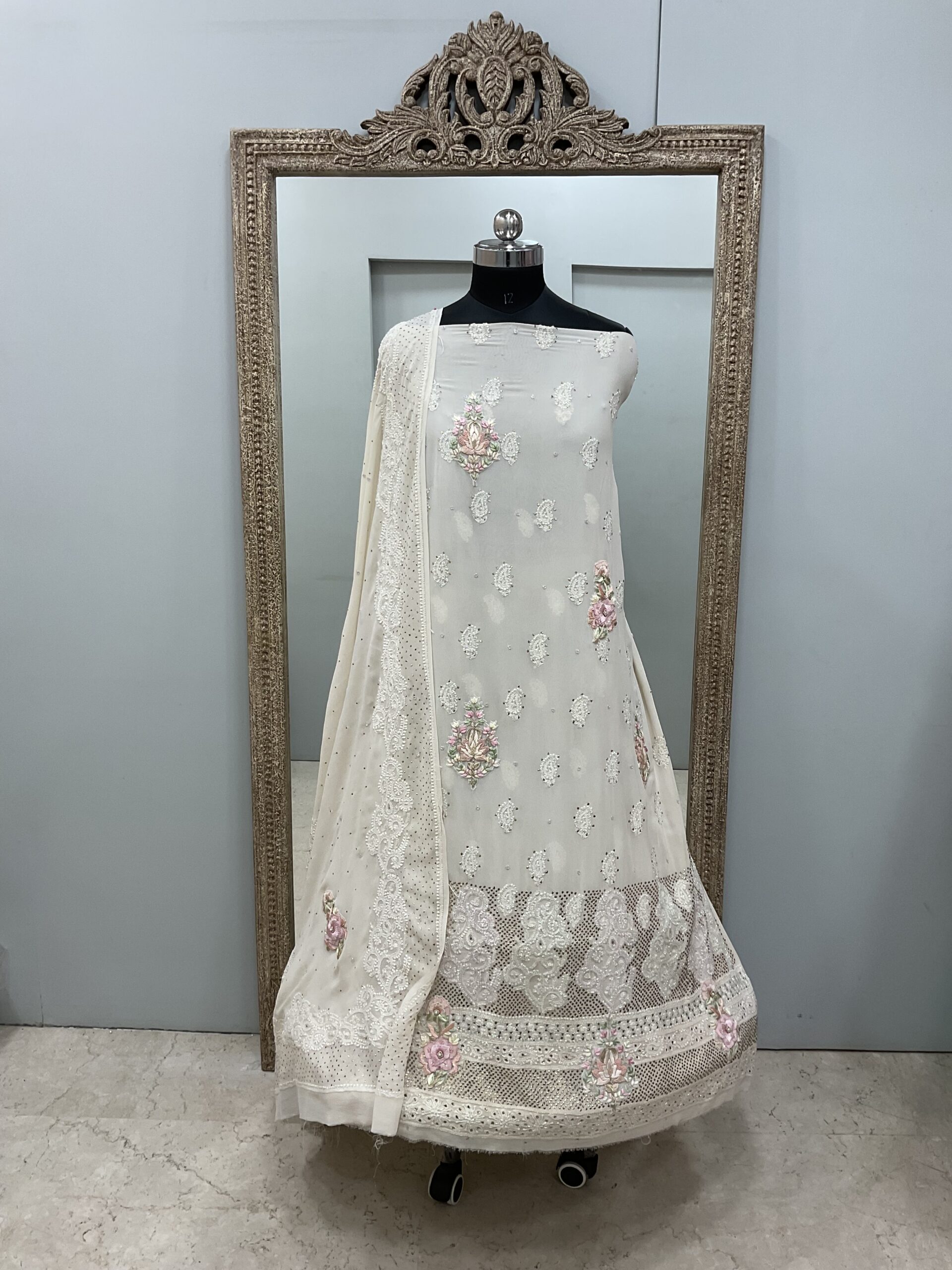 Pure Georgette Heavy Mukaish and Parsi Work Off-White