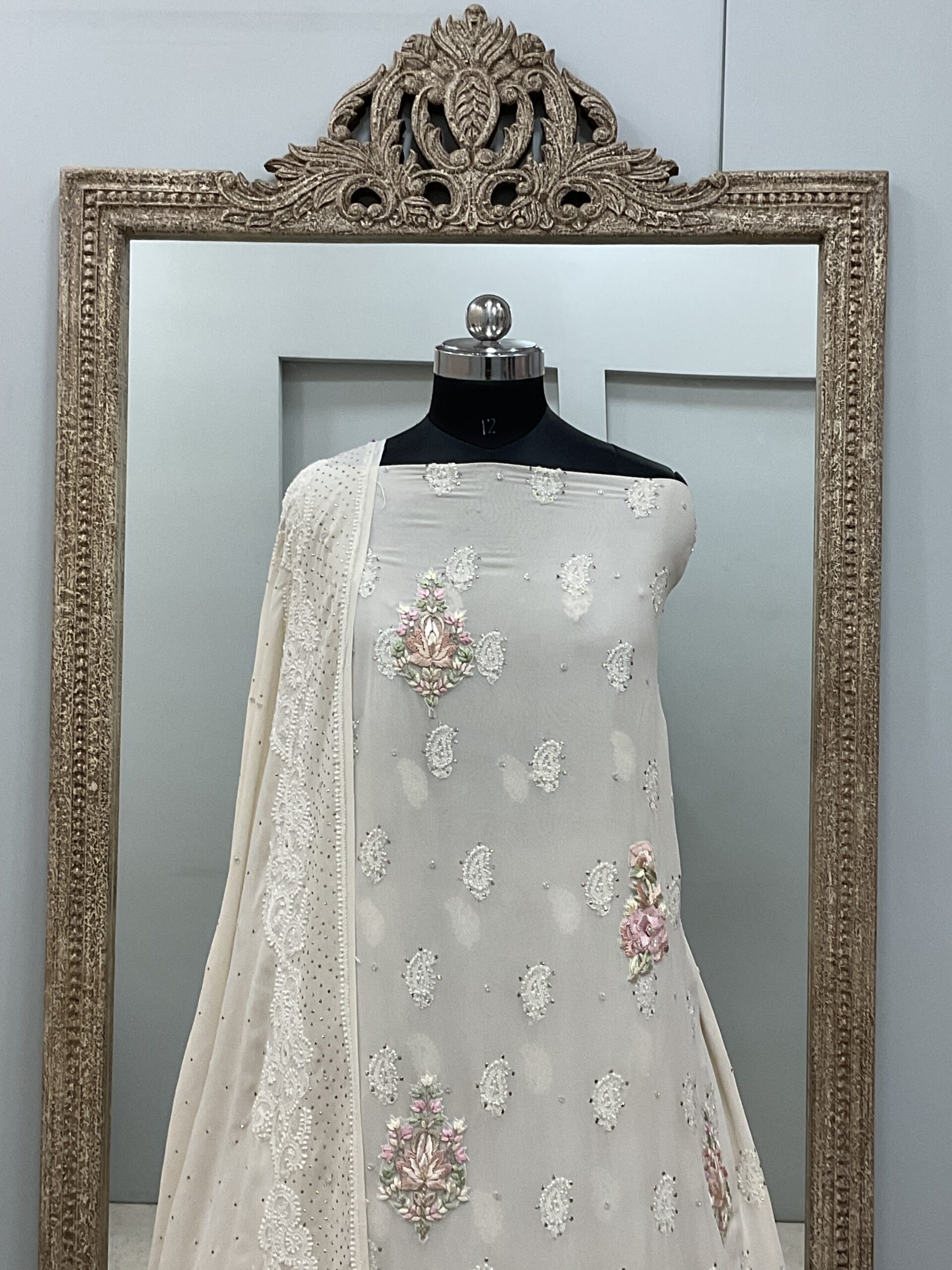 Pure Georgette Heavy Mukaish and Parsi Work Off-White