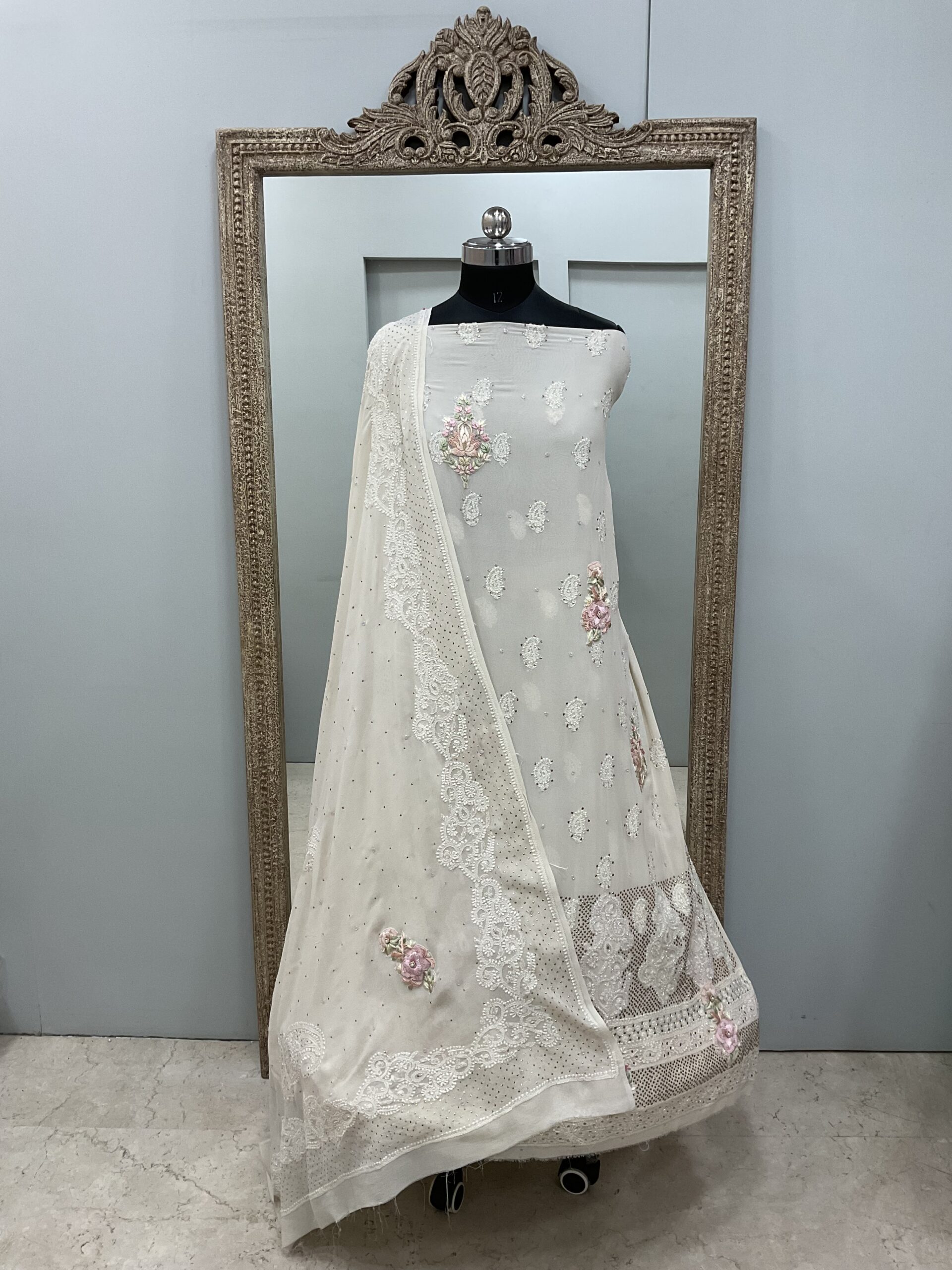 Pure Georgette Heavy Mukaish and Parsi Work Off-White