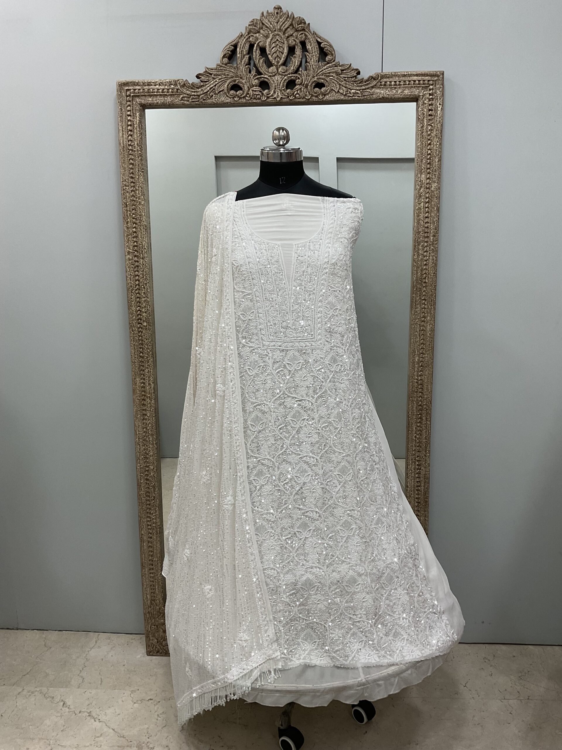 Superfine Pure Georgette Heavy Pearl Cutdana and Sequence Designer White 10