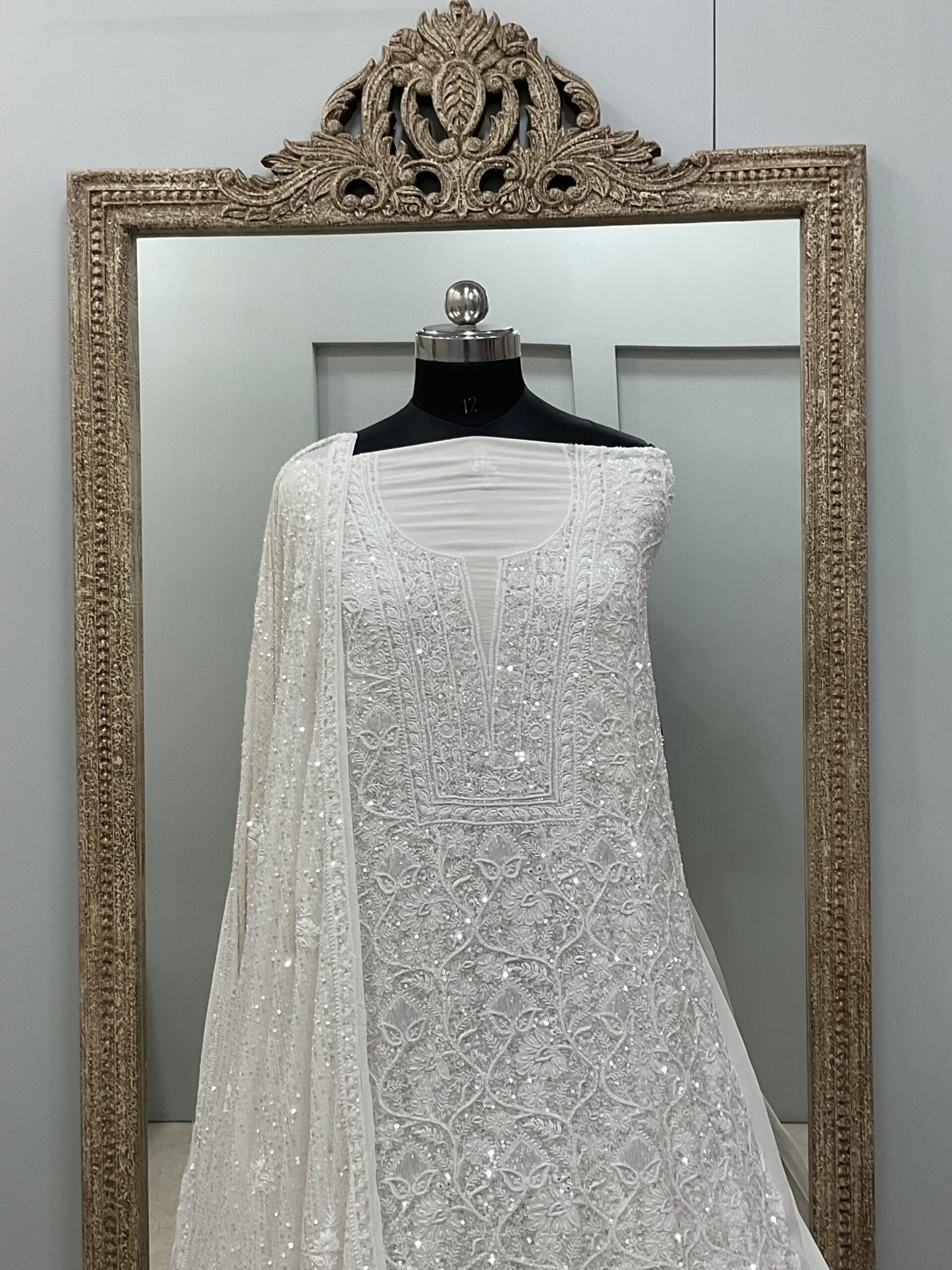 Superfine Pure Georgette Heavy Pearl Cutdana and Sequence Designer White 10