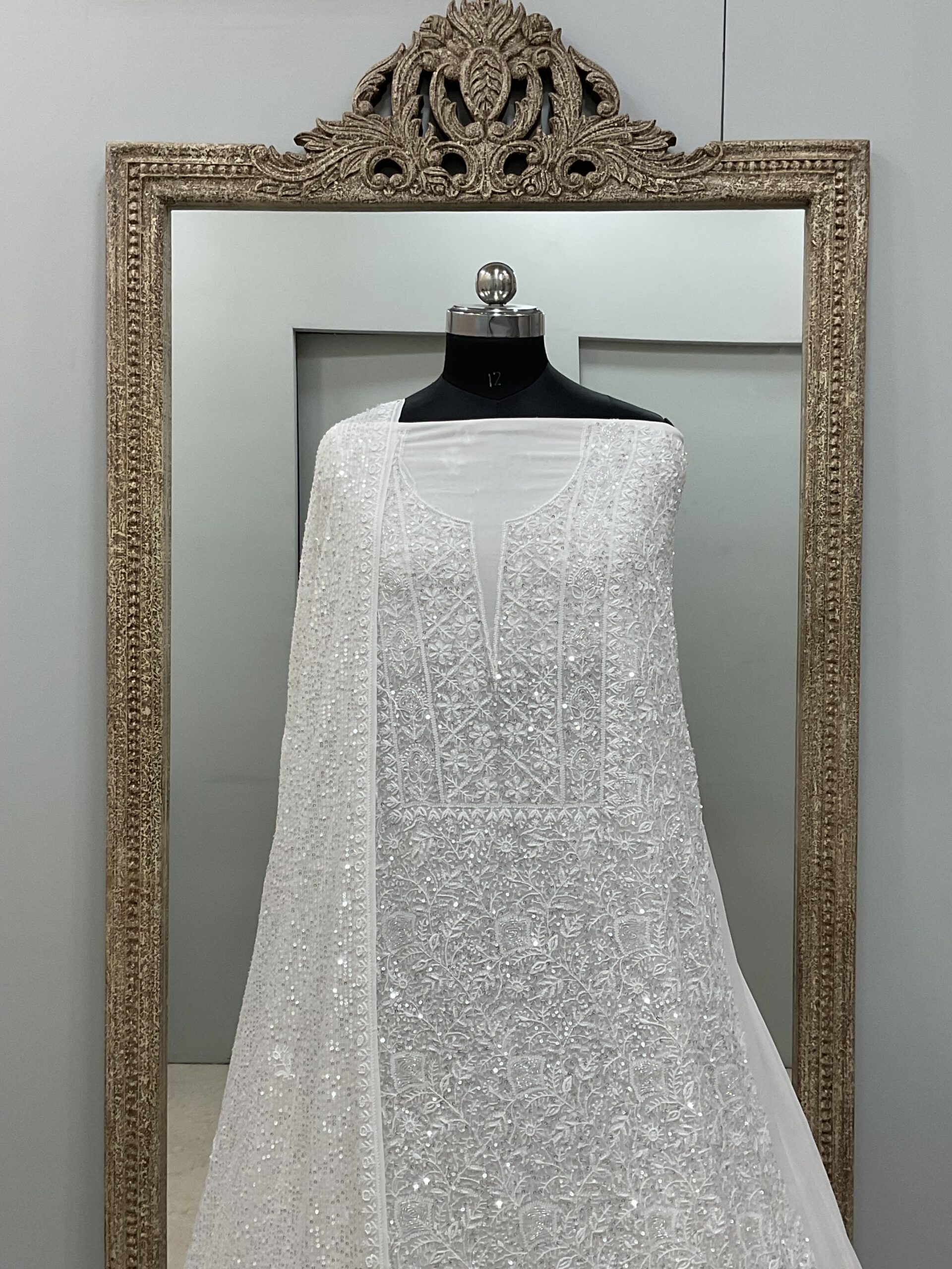 Superfine Pure Georgette Heavy Pearl Cutdana and Sequence Designer White 08