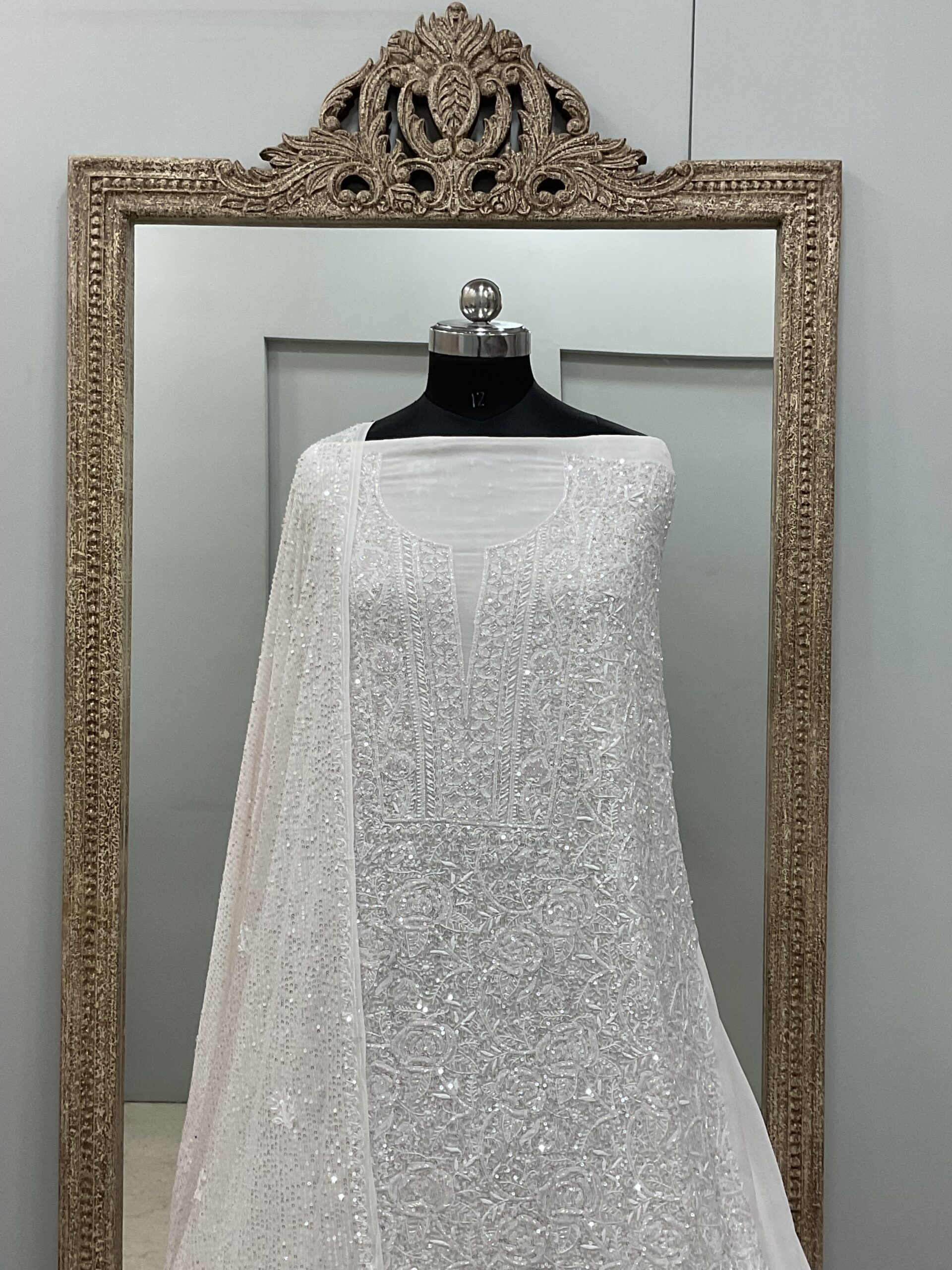 Superfine Pure Georgette Heavy Pearl Cutdana and Sequence Designer White 09