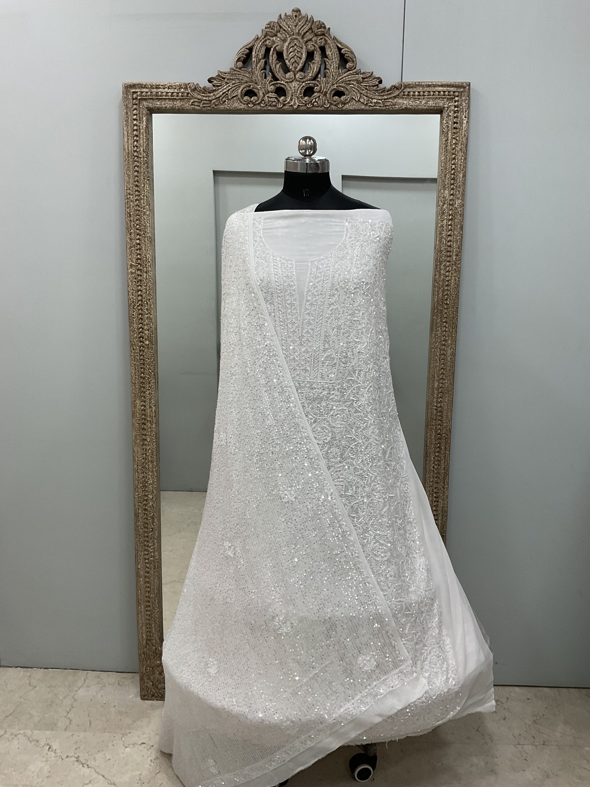 Superfine Pure Georgette Heavy Pearl Cutdana and Sequence Designer White 09