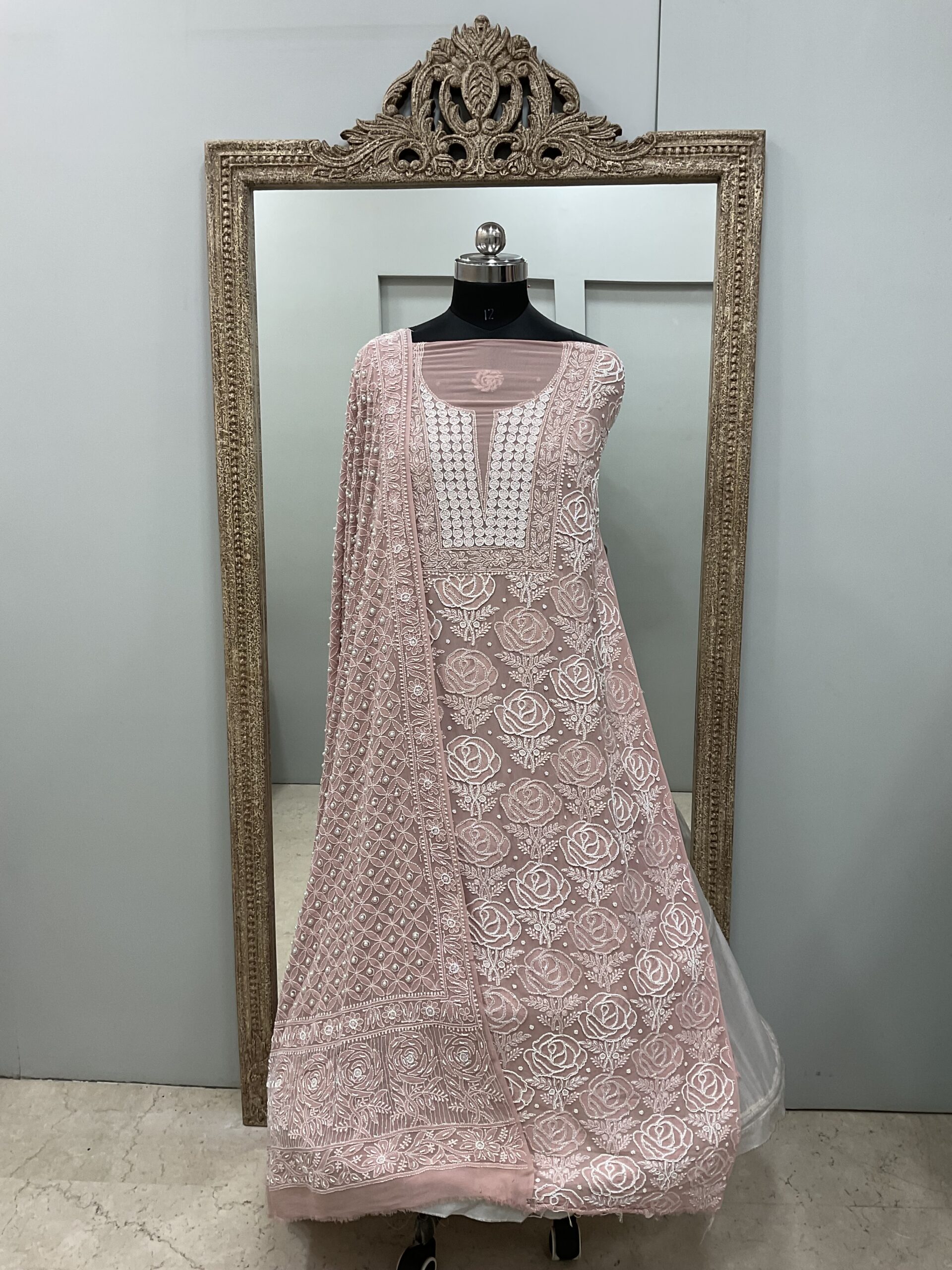 Superfine Pure Georgette Heavy Pearl Cutdana and Sequence Designer, Gulab Work Rose Pink