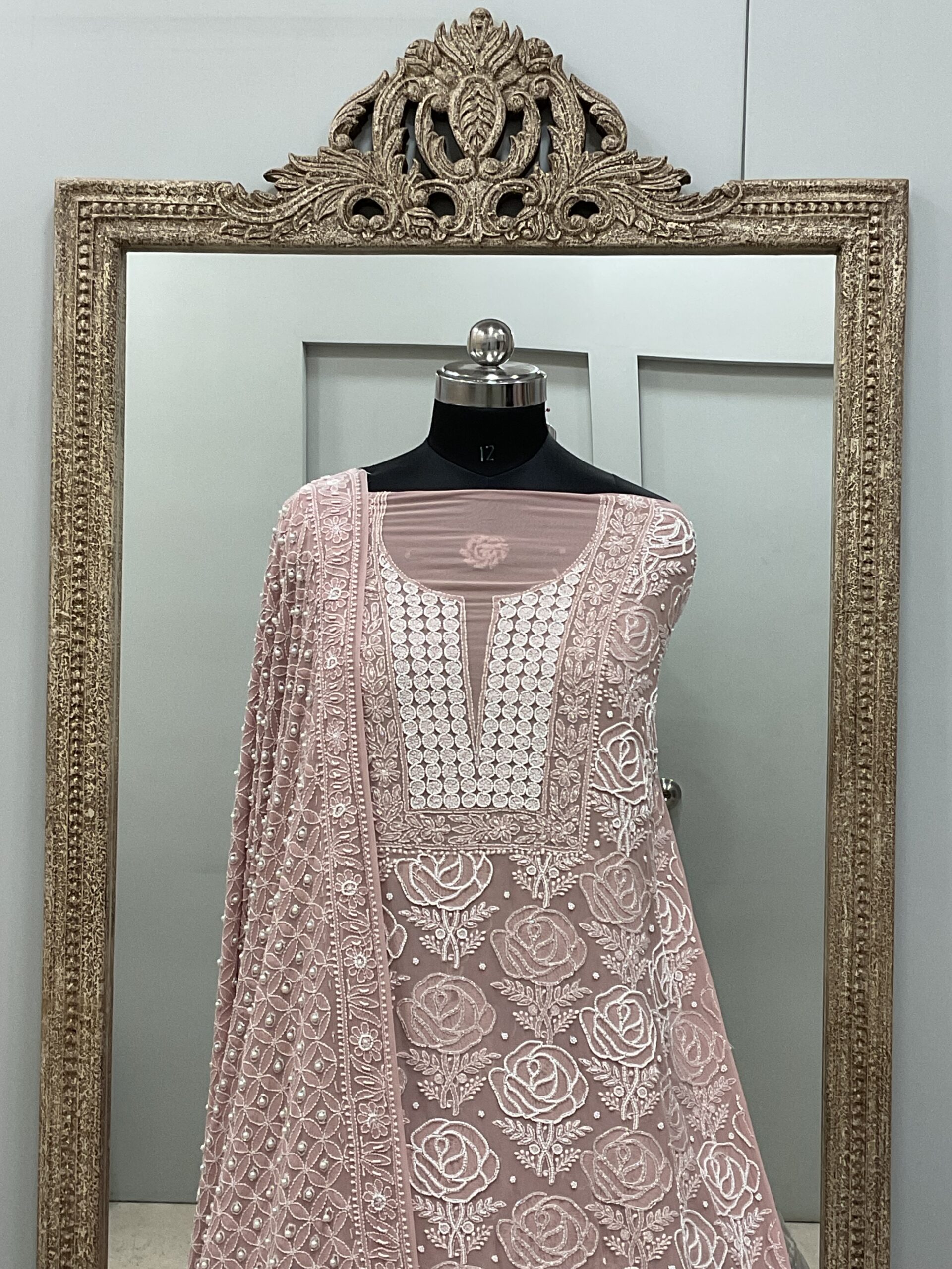 Superfine Pure Georgette Heavy Pearl Cutdana and Sequence Designer, Gulab Work Rose Pink