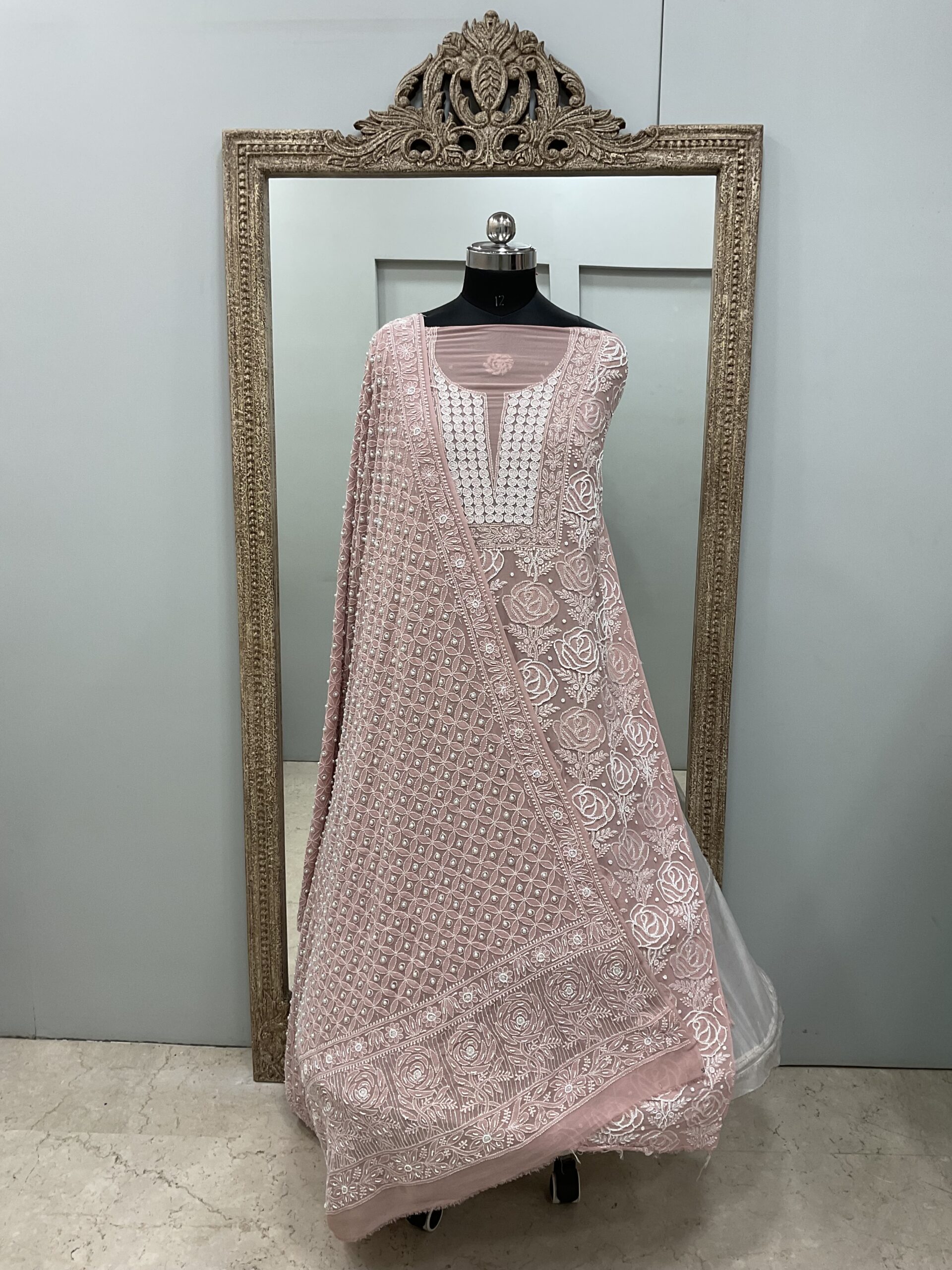 Superfine Pure Georgette Heavy Pearl Cutdana and Sequence Designer, Gulab Work Rose Pink