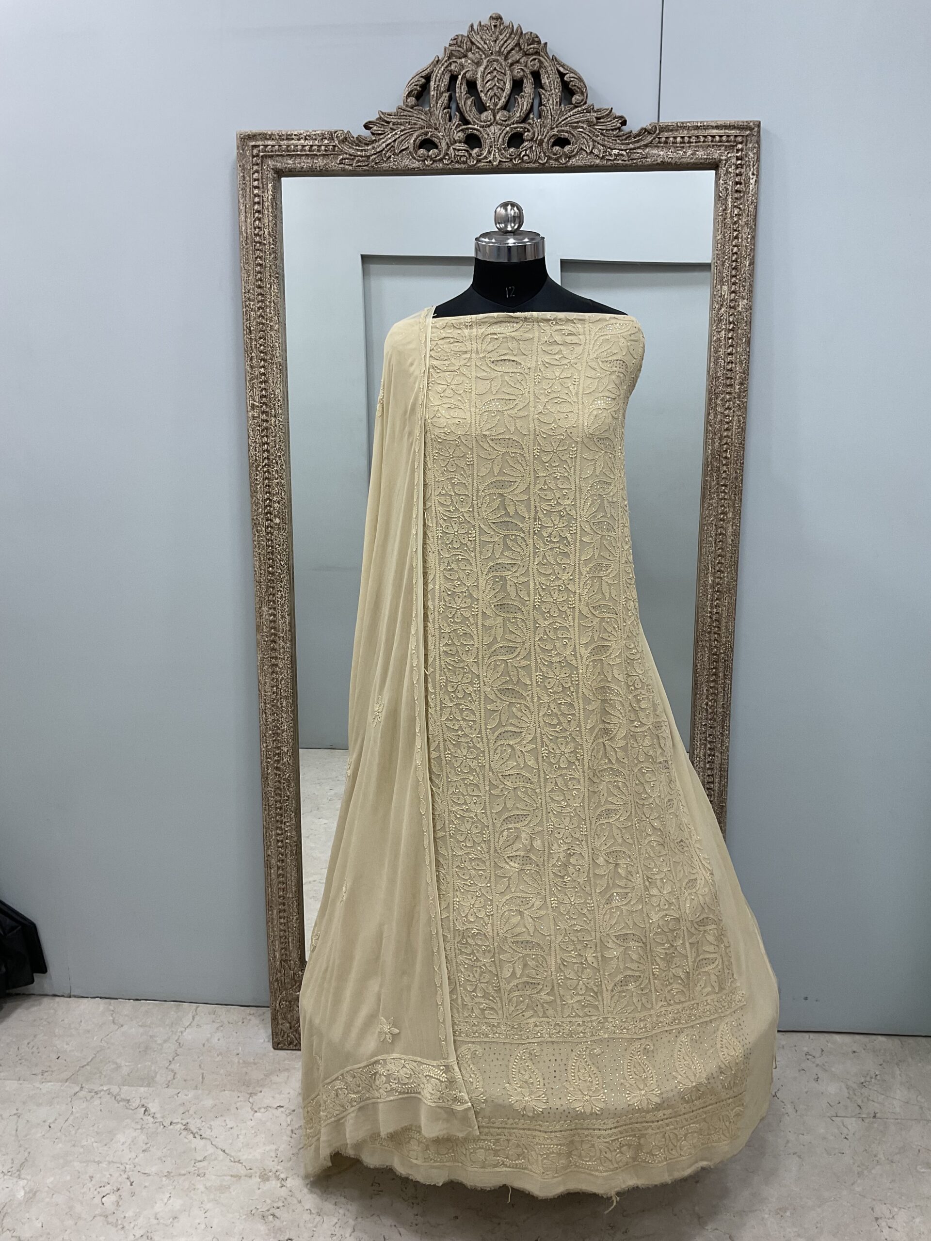 106 Chikan Mukaish Georgette Shirt and Dupatta Beige