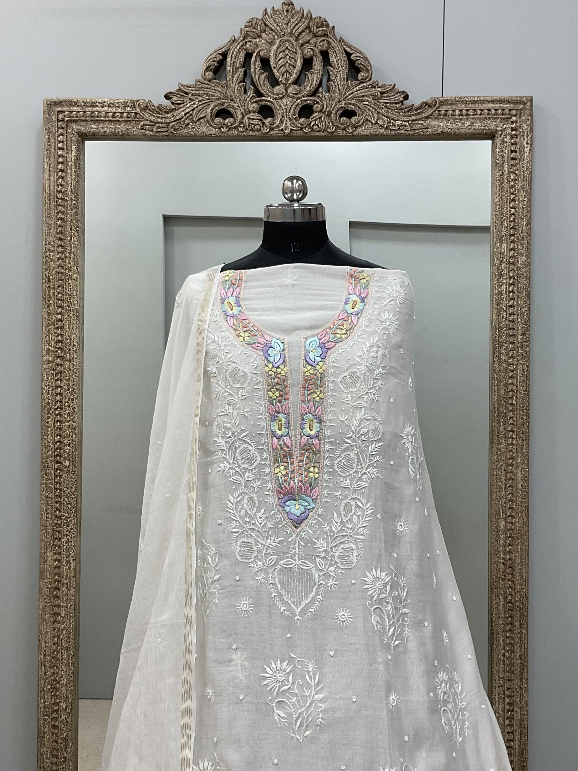 Pure Mul Cotton Straight Parsi Work,Pearl And Addon Work With Dupatta White 02