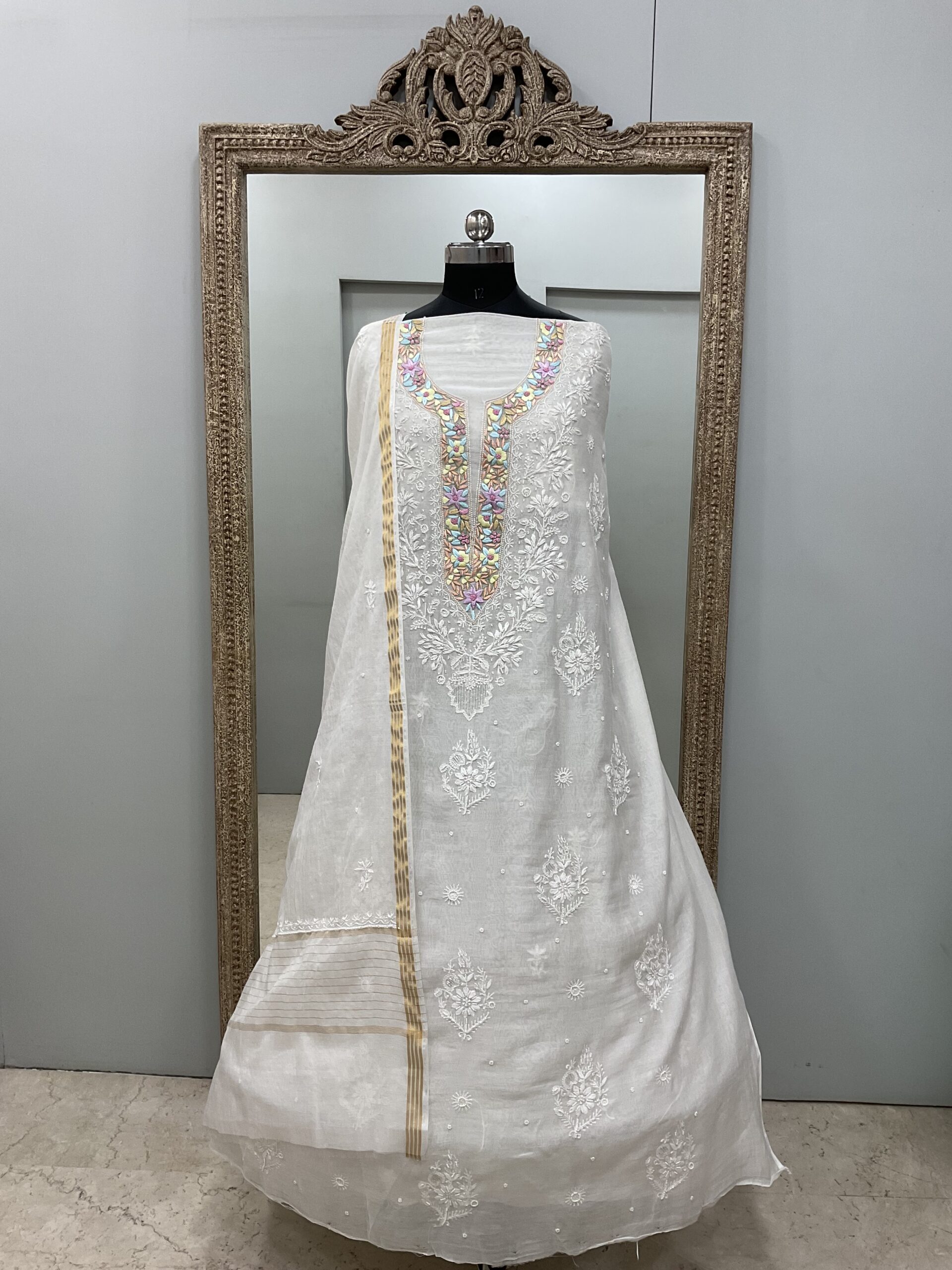 Pure Mul Cotton Straight Parsi Work,Pearl And Addon Work With Dupatta White 04