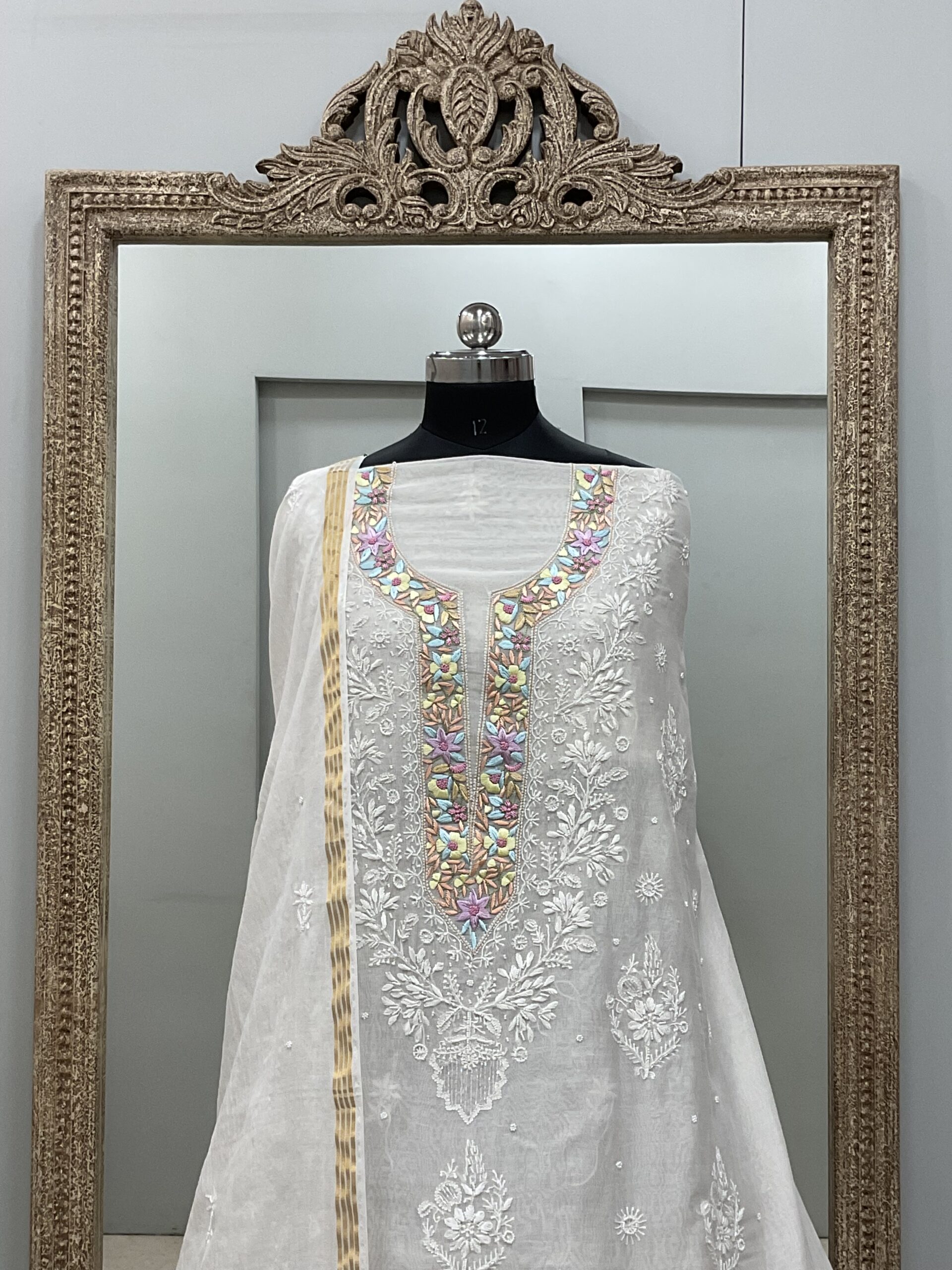 Pure Mul Cotton Straight Parsi Work,Pearl And Addon Work With Dupatta White 04