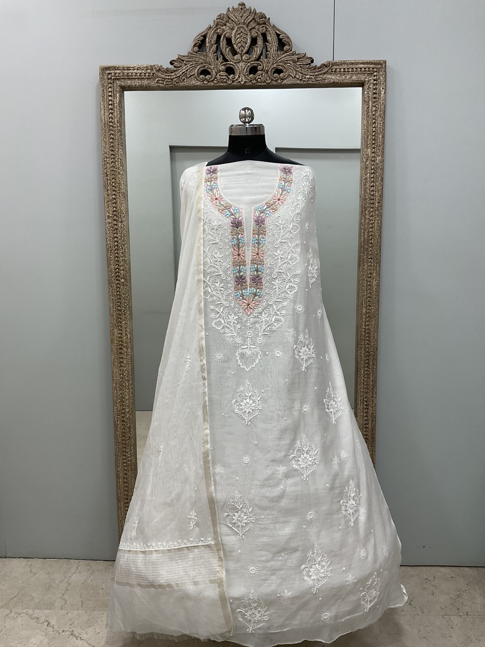 Pure Mul Cotton Straight Parsi Work,Pearl And Addon Work With Dupatta White 05