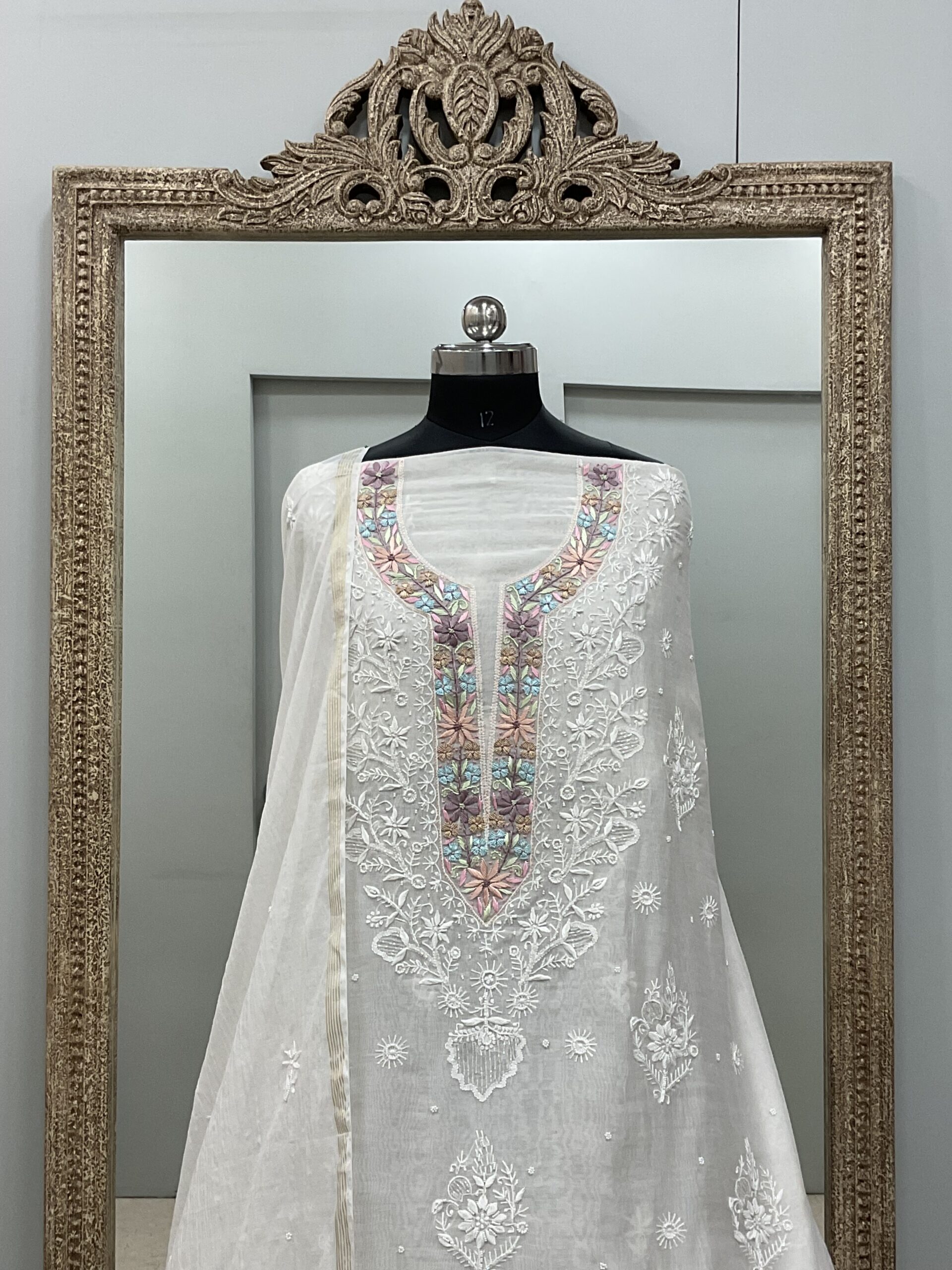 Pure Mul Cotton Straight Parsi Work,Pearl And Addon Work With Dupatta White 05