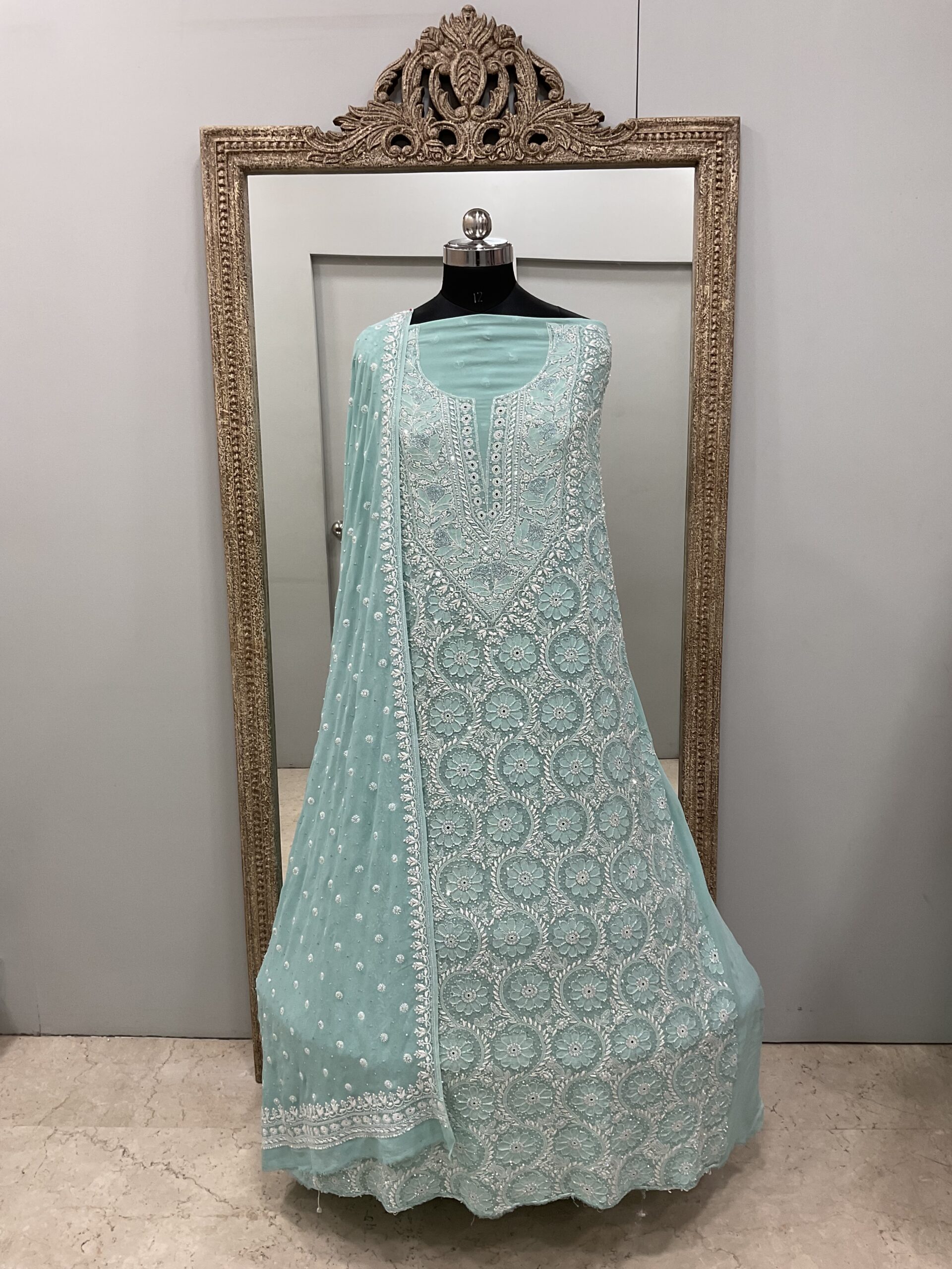 Pure Georgette Superfine Straight Heavy Sequence Pearl,Mirror and Cutdana Green