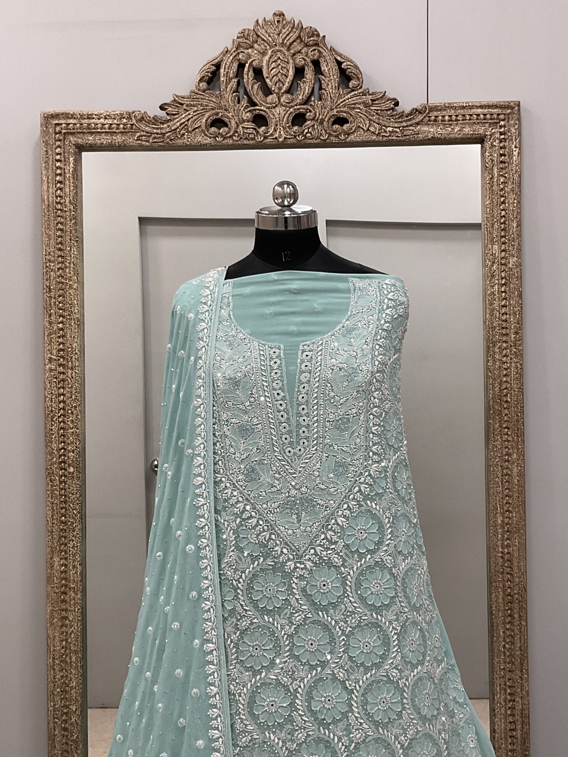 Pure Georgette Superfine Straight Heavy Sequence Pearl,Mirror and Cutdana Green