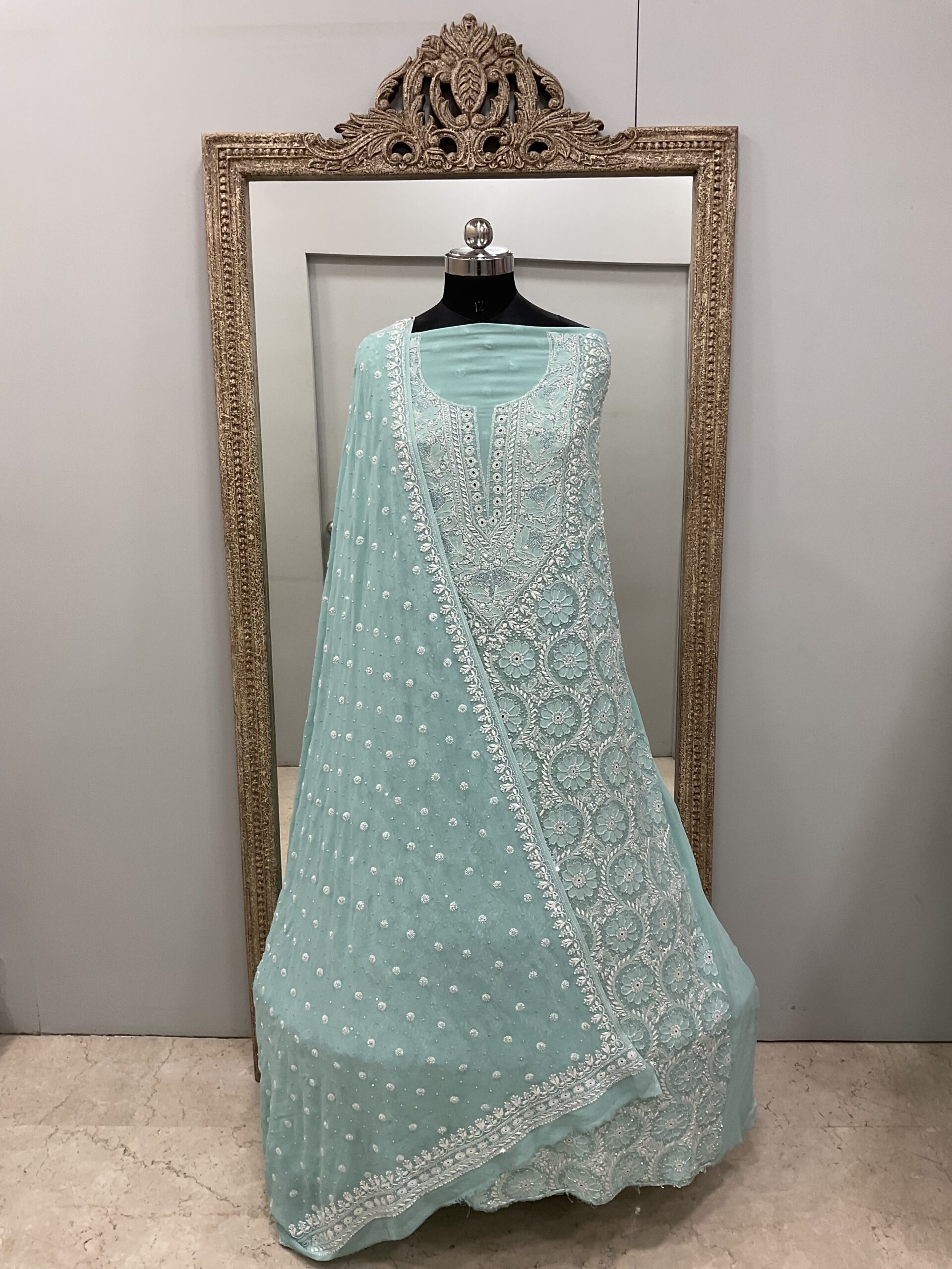 Pure Georgette Superfine Straight Heavy Sequence Pearl,Mirror and Cutdana Green