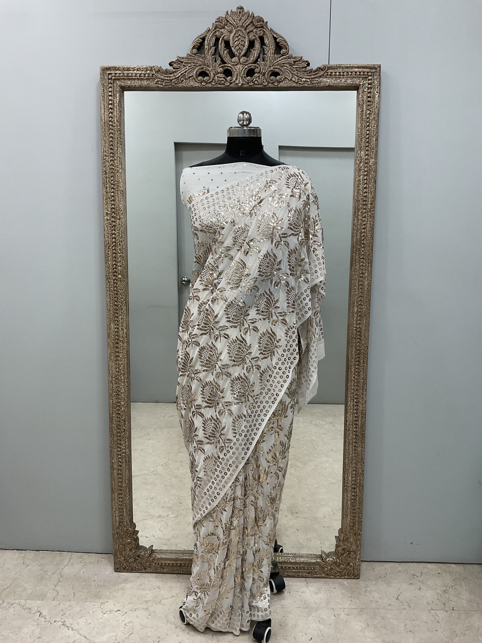 Pure Georgette Saree Badla And Mukaish work Ivory