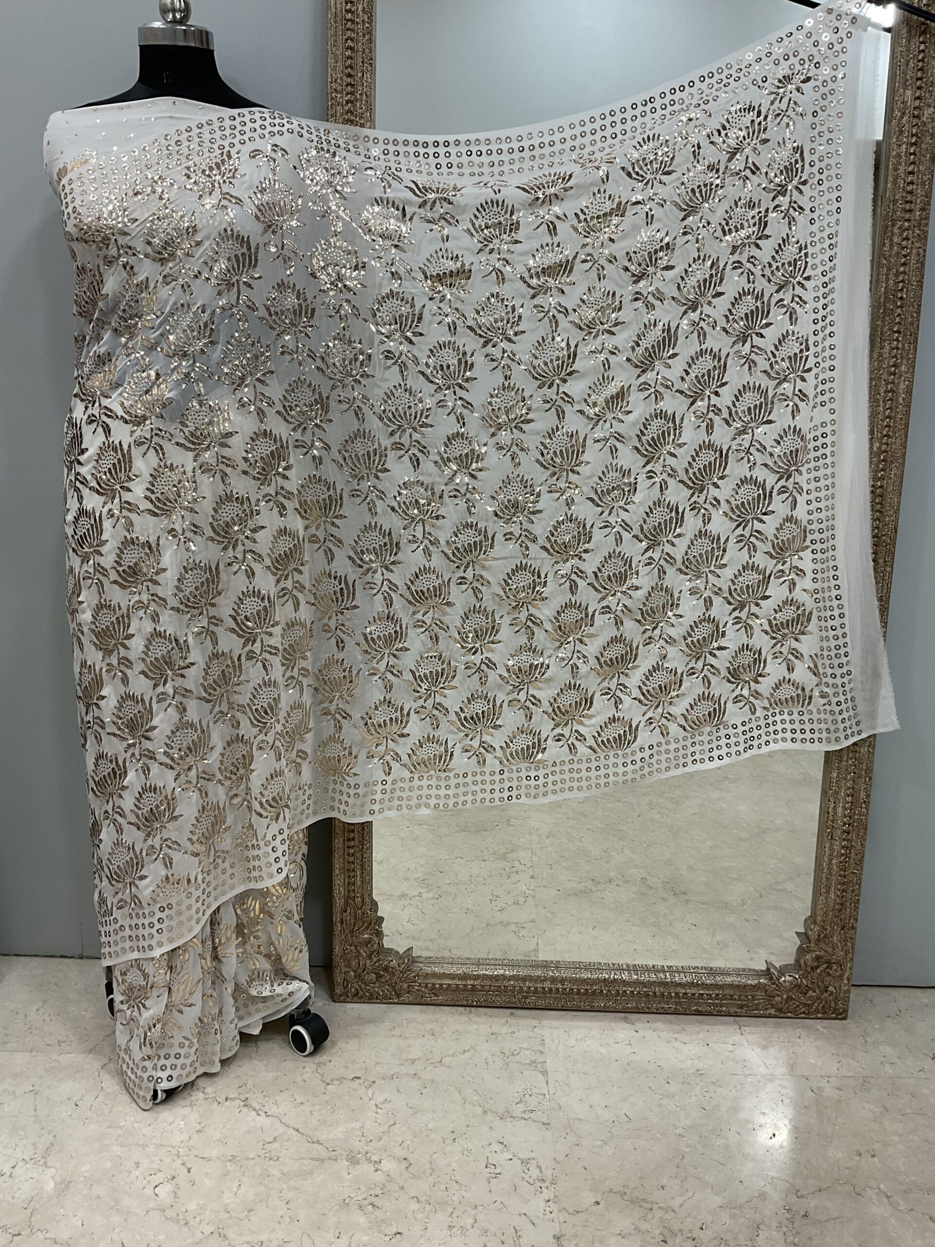 Pure Georgette Saree Badla And Mukaish work Ivory