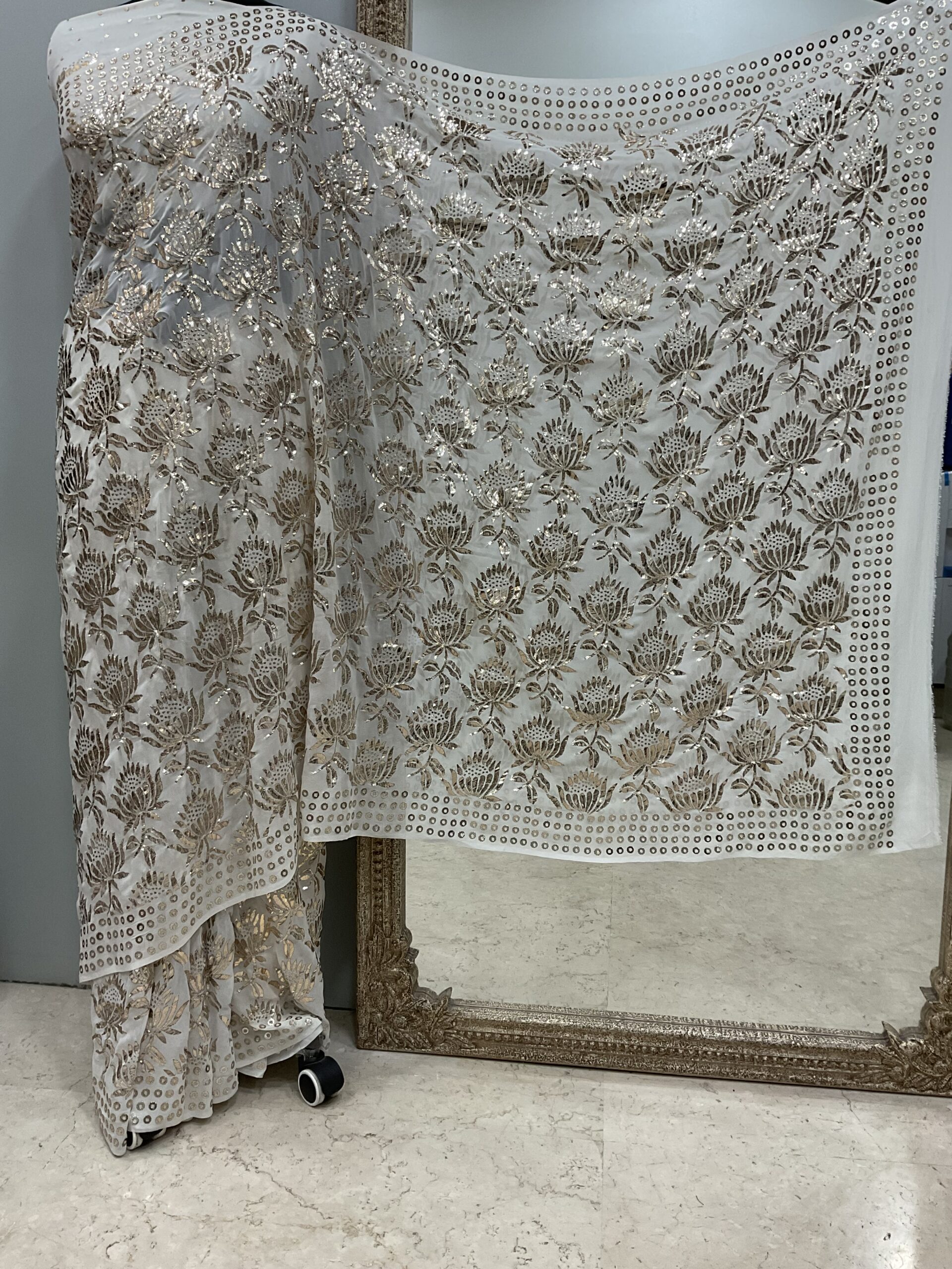 Pure Georgette Saree Badla And Mukaish work Ivory