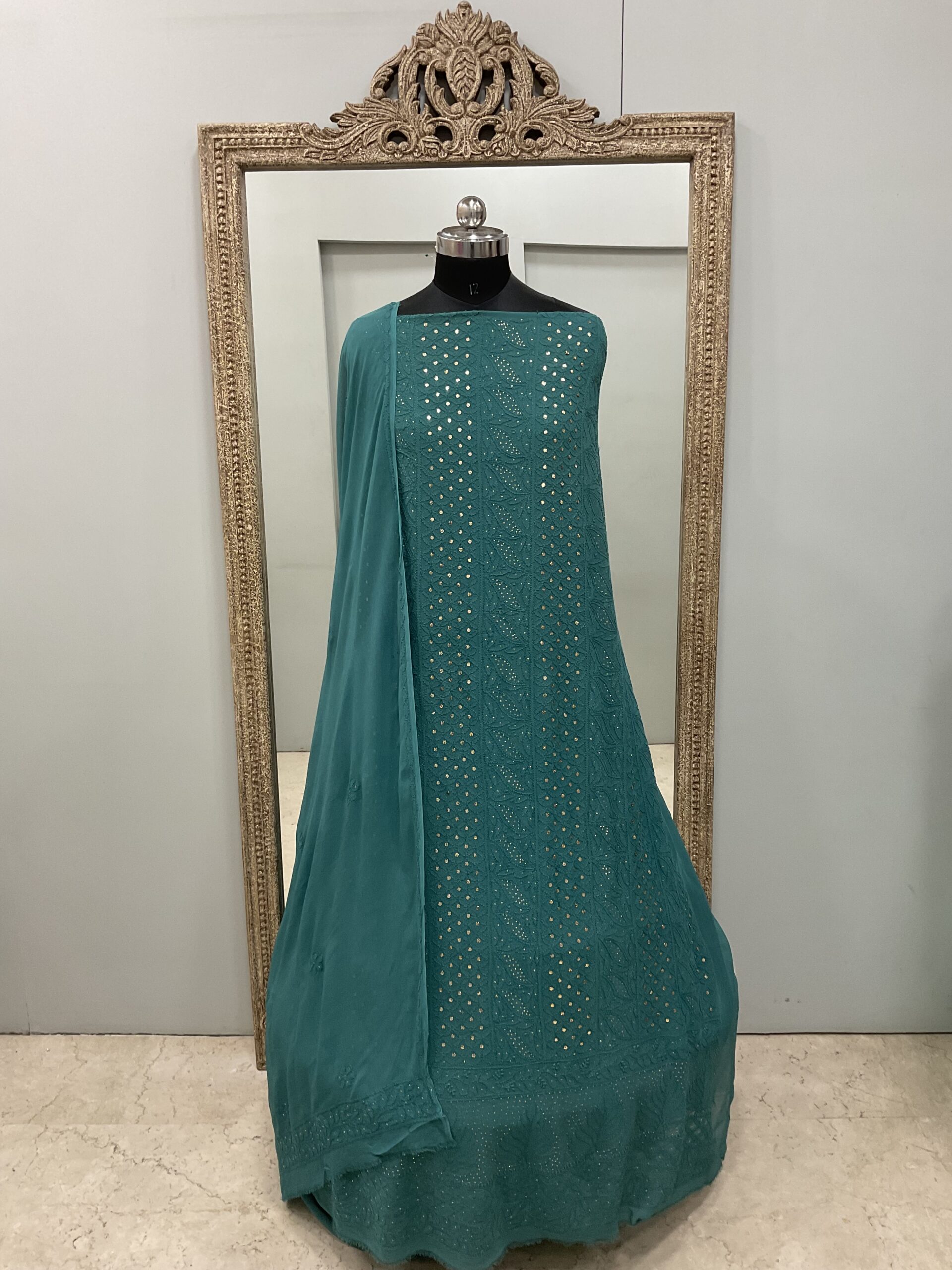 106 Chikan Mukaish Georgette Shirt and Dupatta Green