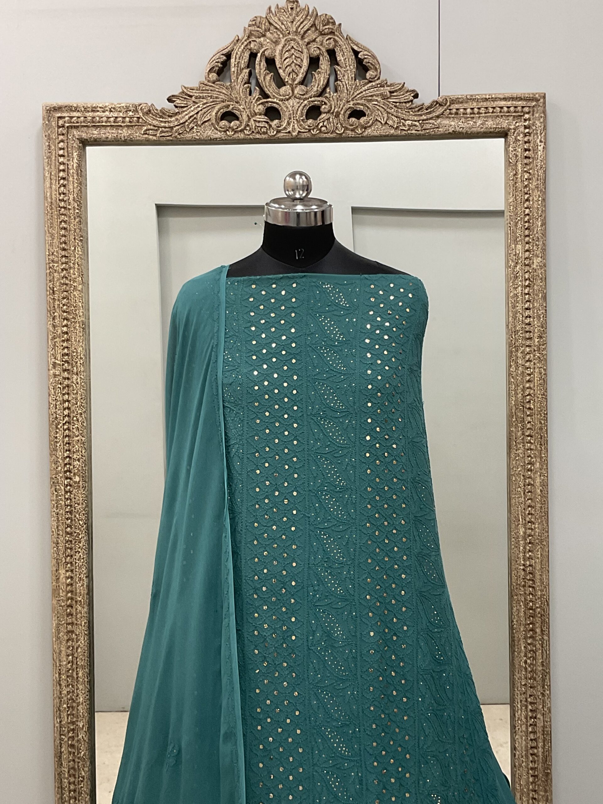 106 Chikan Mukaish Georgette Shirt and Dupatta Green