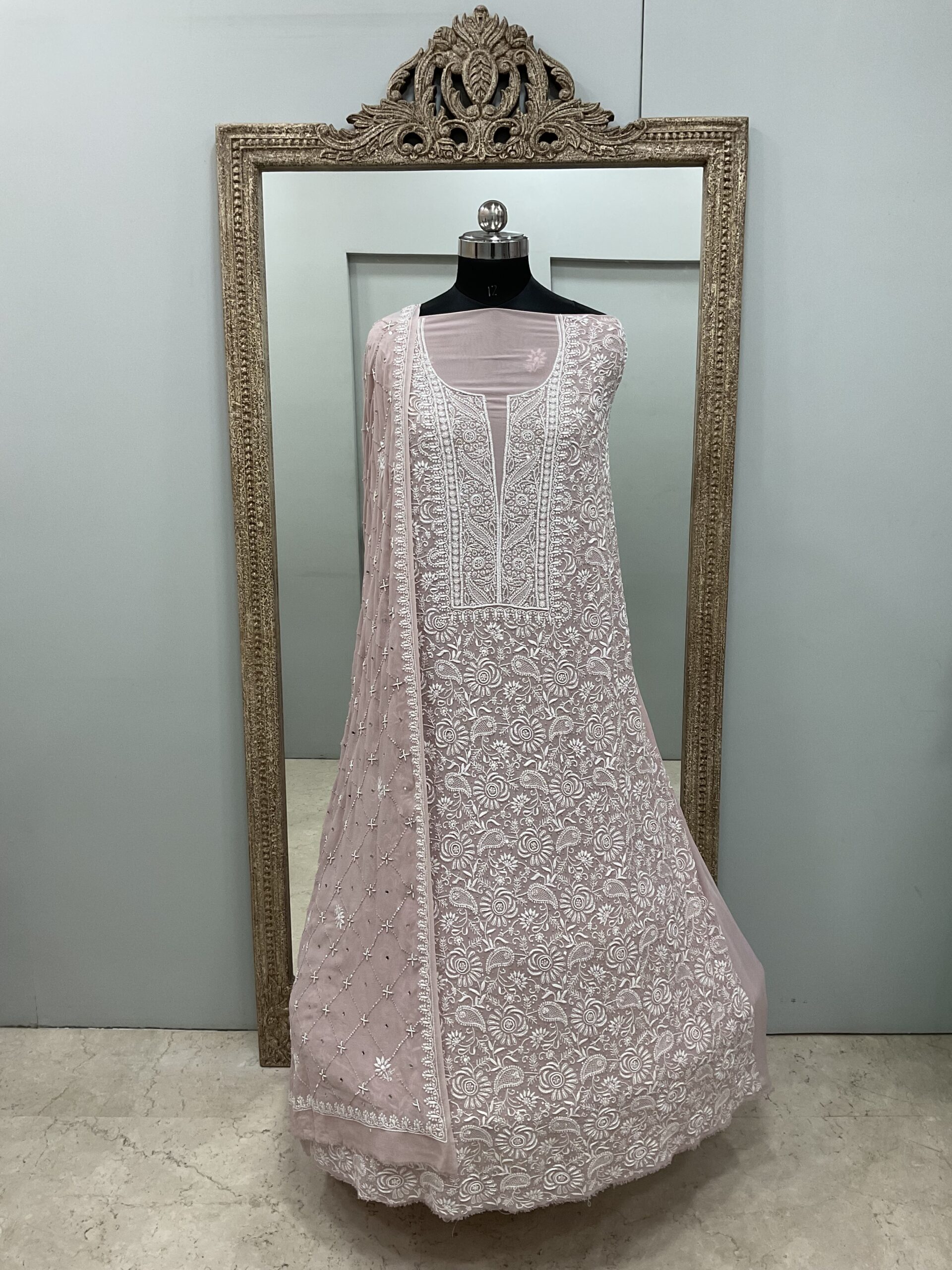 Pure Georgette Superfine Straight Heavy Sequence Pearl and Cutdana Onion Pink