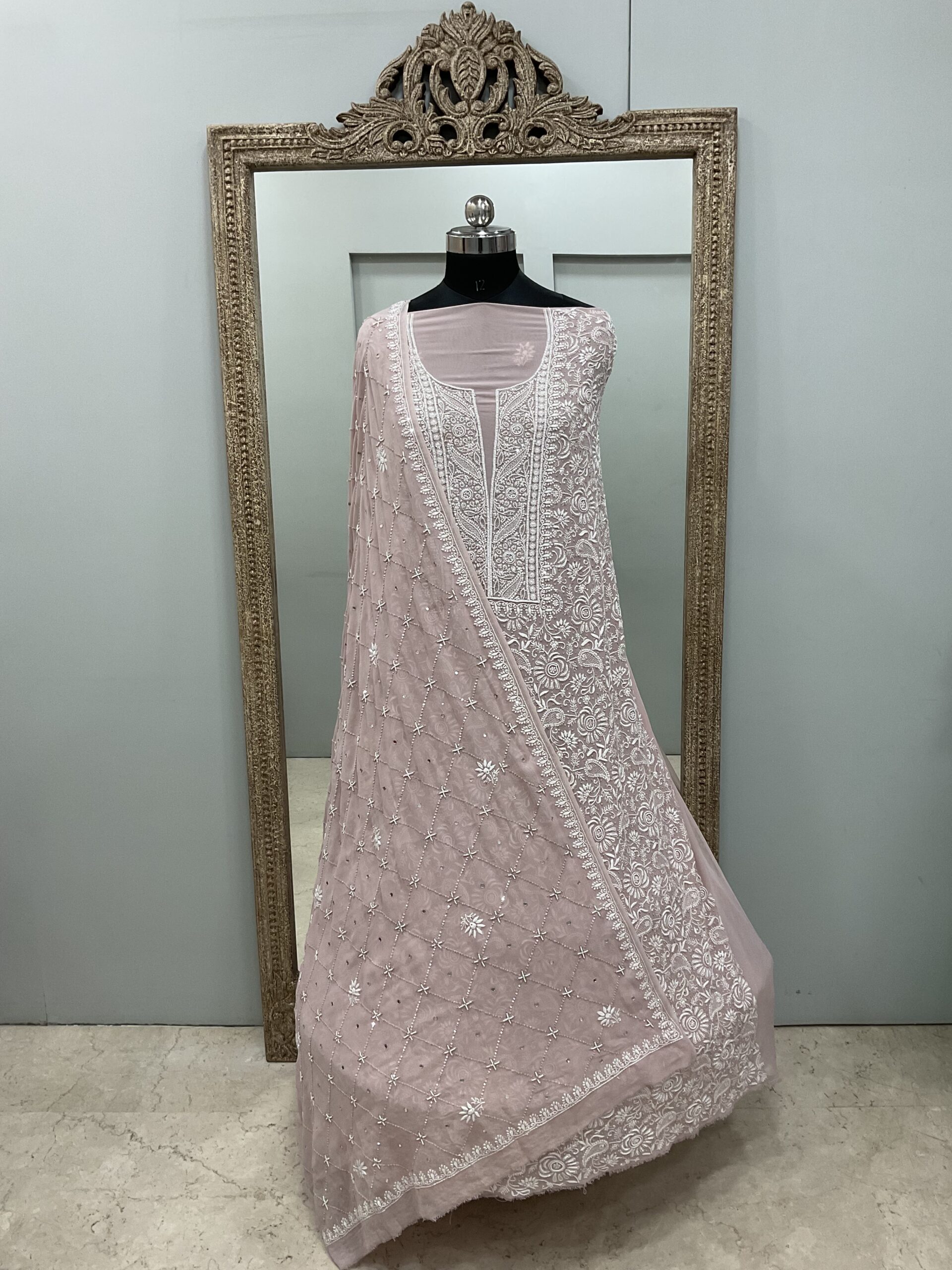 Pure Georgette Superfine Straight Heavy Sequence Pearl and Cutdana Onion Pink