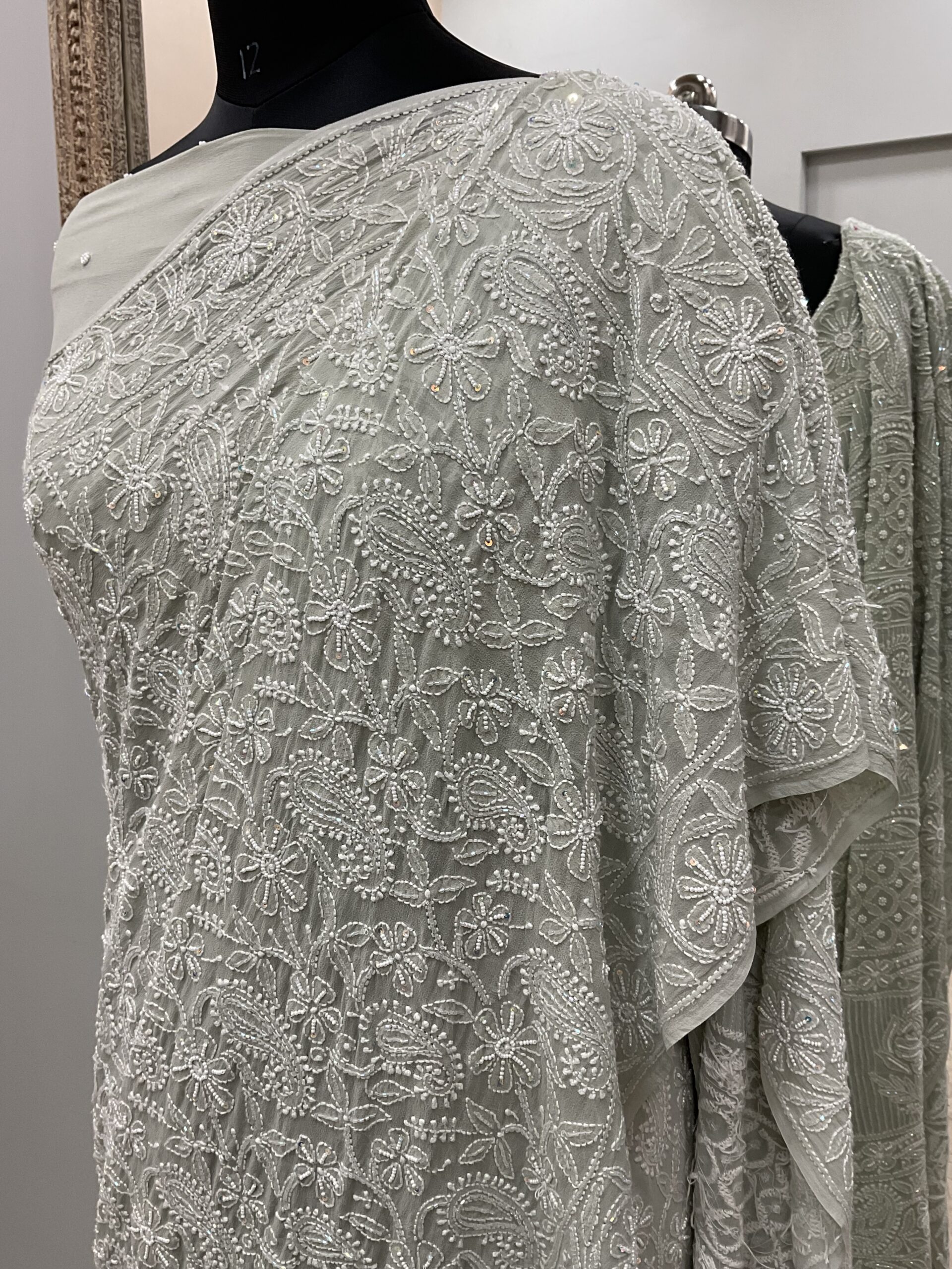 Pure Georgette Saree full jaal with Heavy Cutdana,Pearl and Heavy Sequence Green