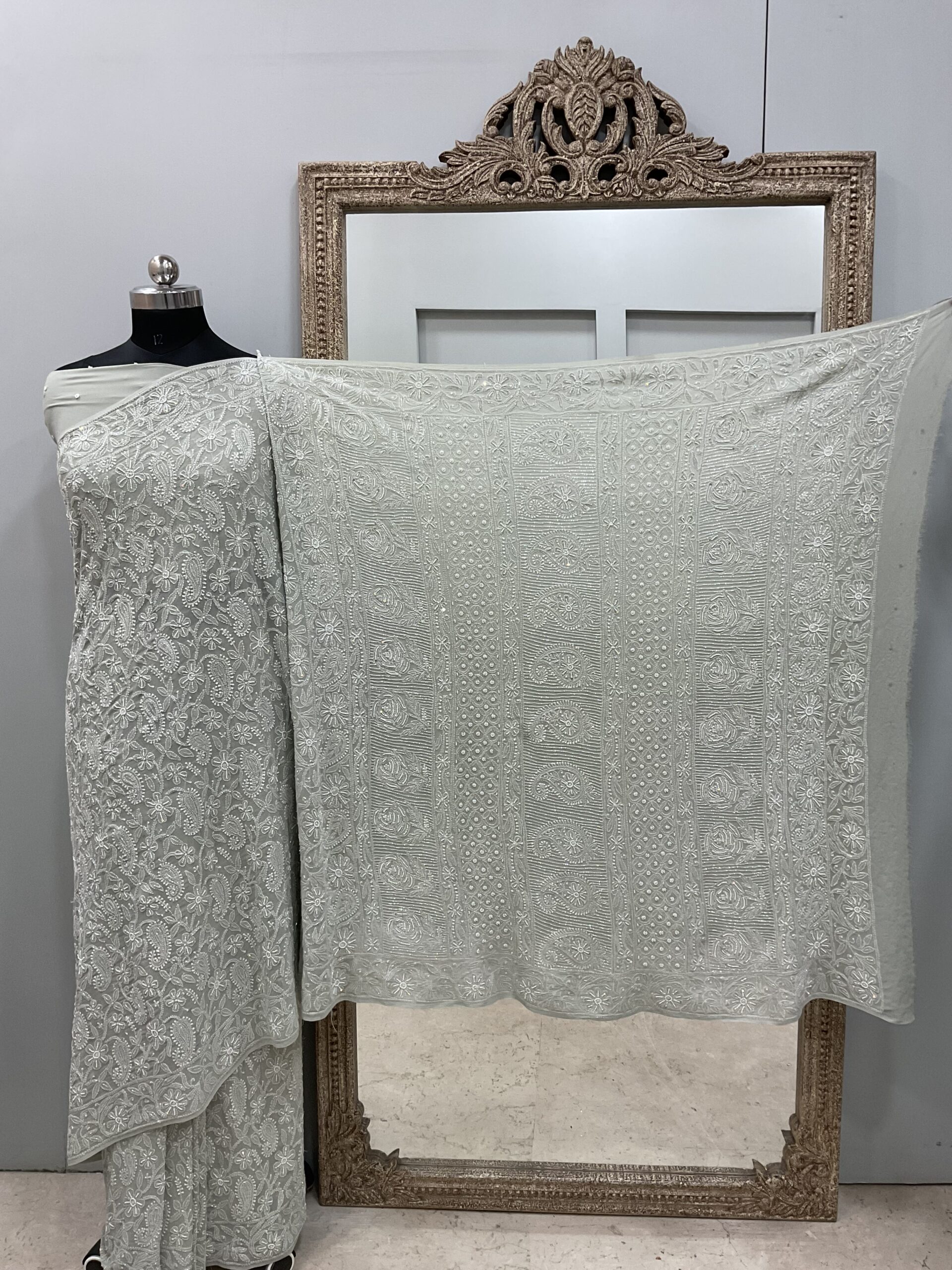 Pure Georgette Saree full jaal with Heavy Cutdana,Pearl and Heavy Sequence Green