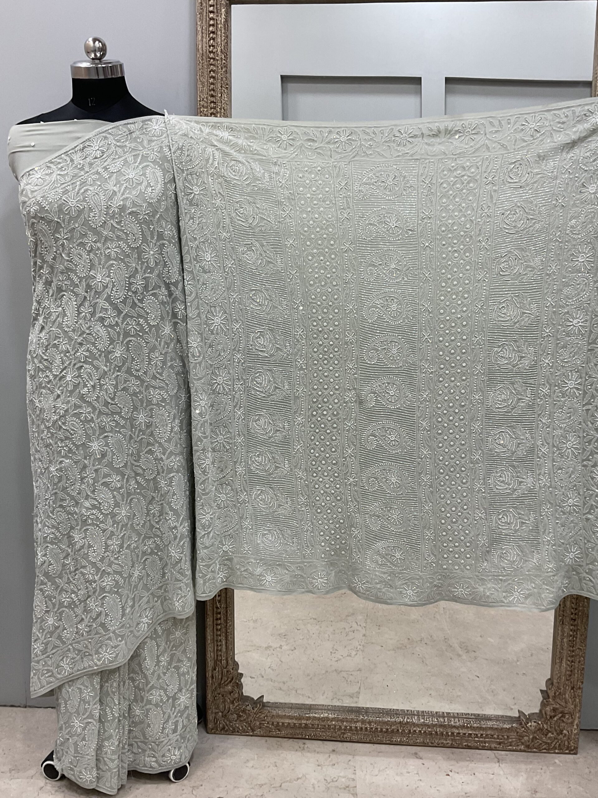 Pure Georgette Saree full jaal with Heavy Cutdana,Pearl and Heavy Sequence Green