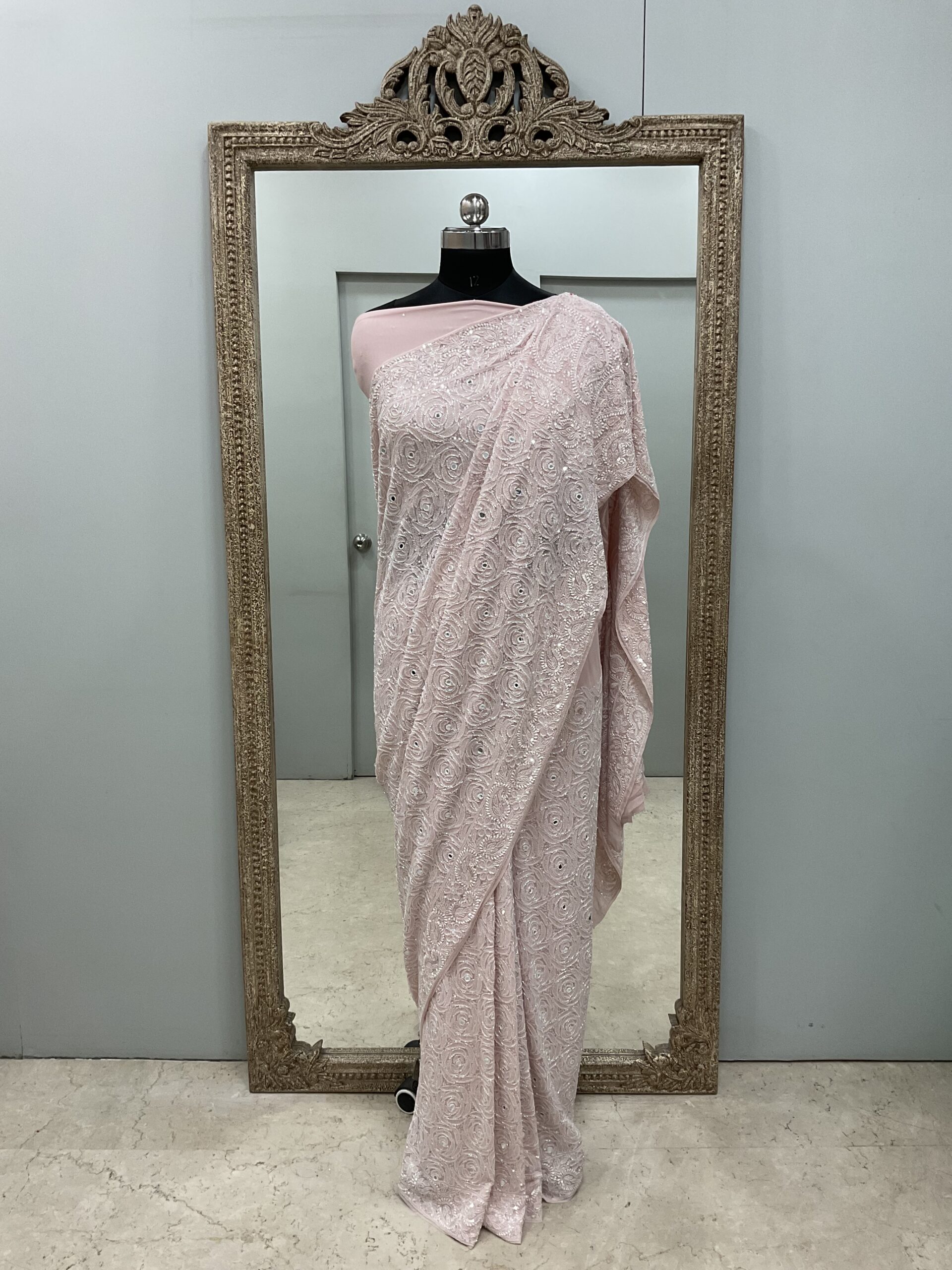 Pure Georgette Saree Superfine Work full jaal with Heavy Cutdana and Sequence ,Mirror Work Gulab Pink