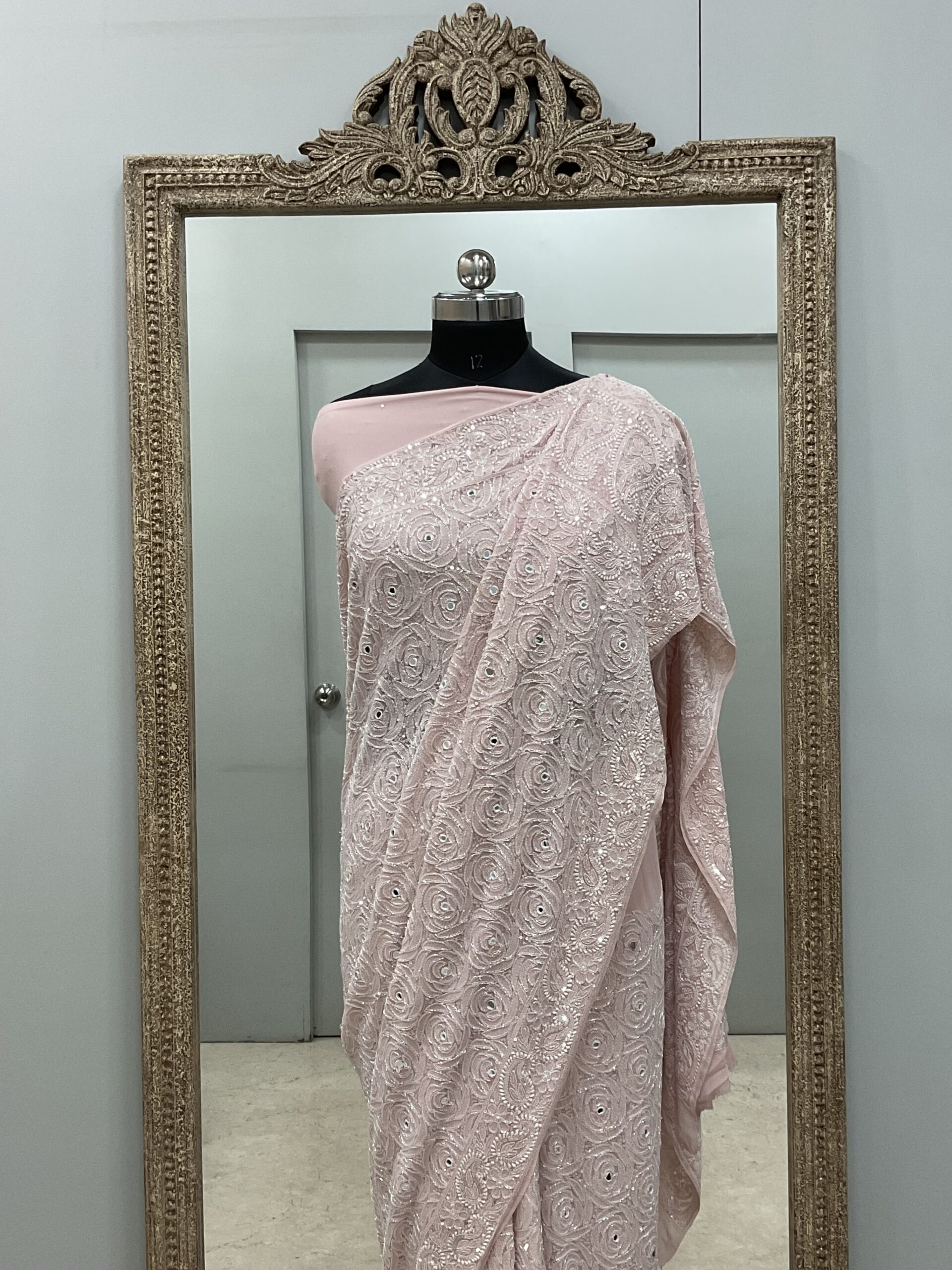 Pure Georgette Saree Superfine Work full jaal with Heavy Cutdana and Sequence ,Mirror Work Gulab Pink